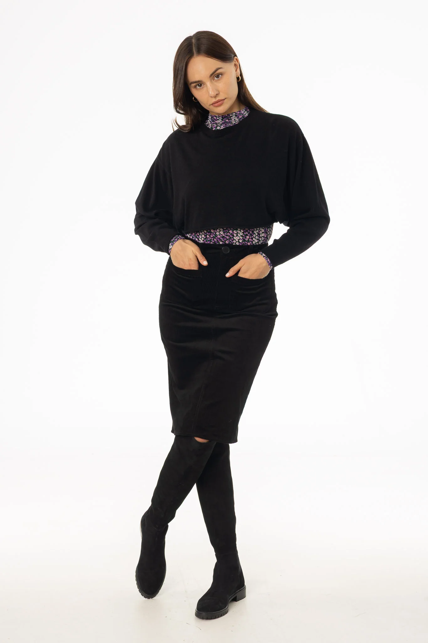 Black Pocket Corduroy Pencil Skirt - KJDHW