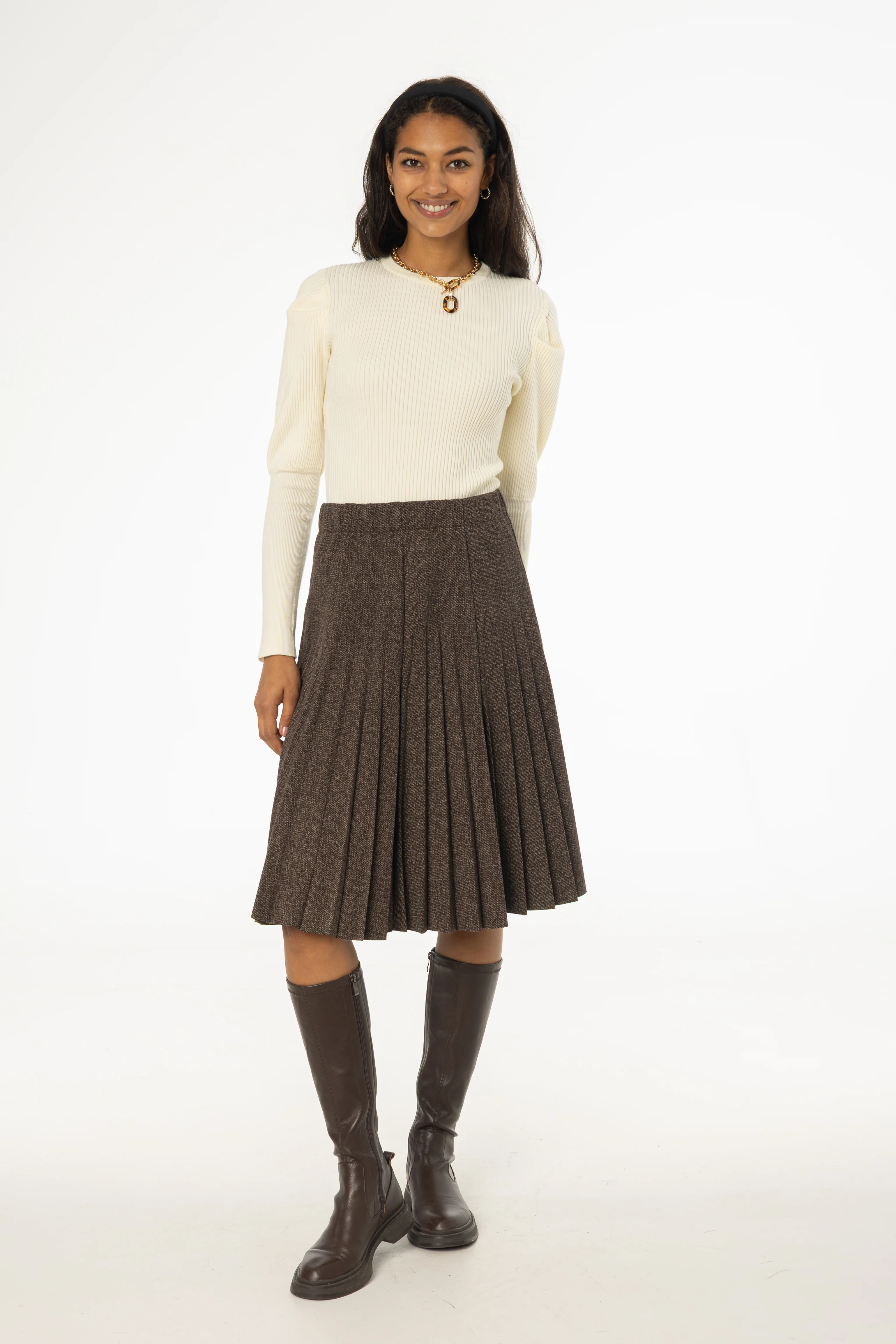 Brown Pleated Skirt - KJDHW