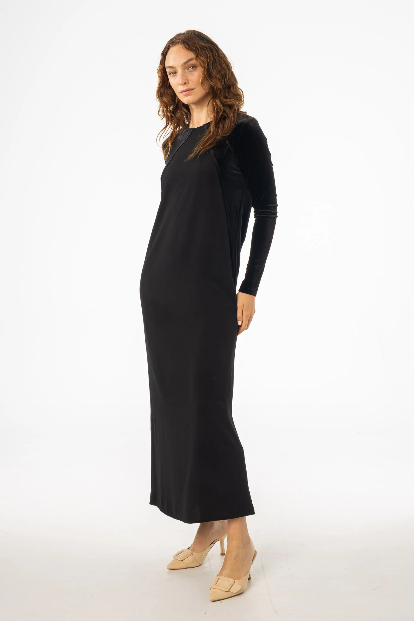 Black Mixed Fabric Maxi Dress - KJDHW