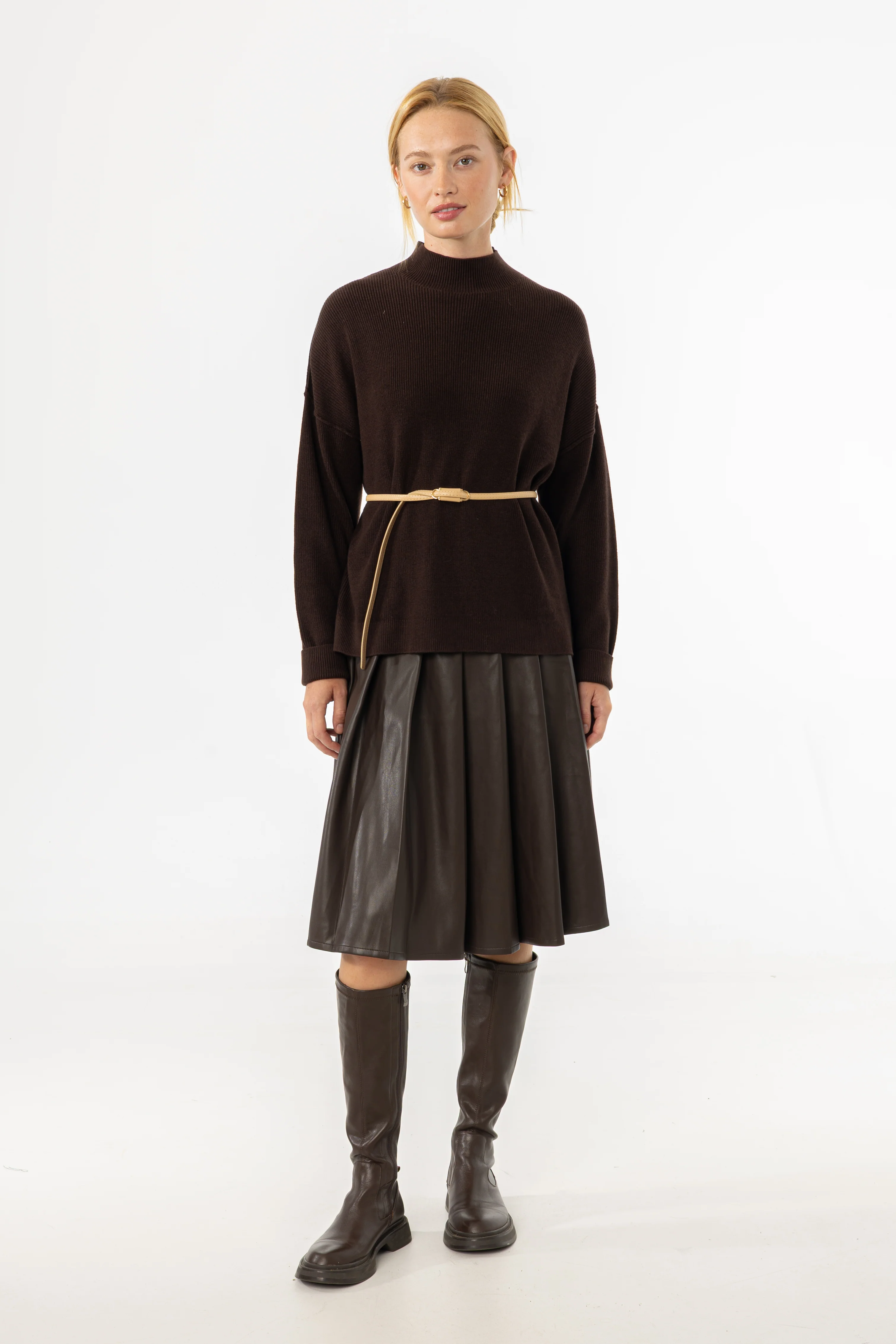 Brown Pleated Vegan Leather Skirt - KJDHW