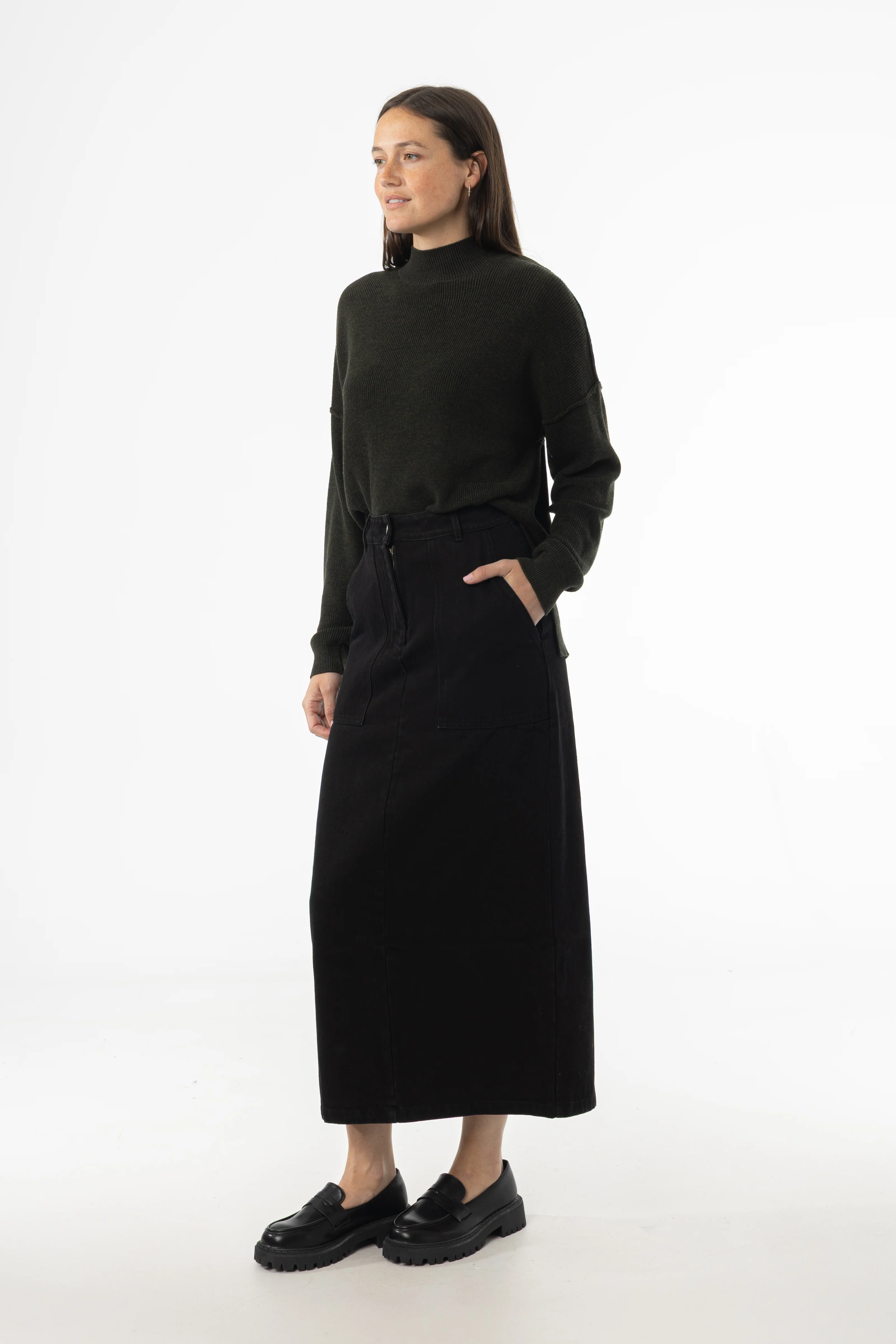 Black Exposed Pocket Denim Skirt - KJDHW