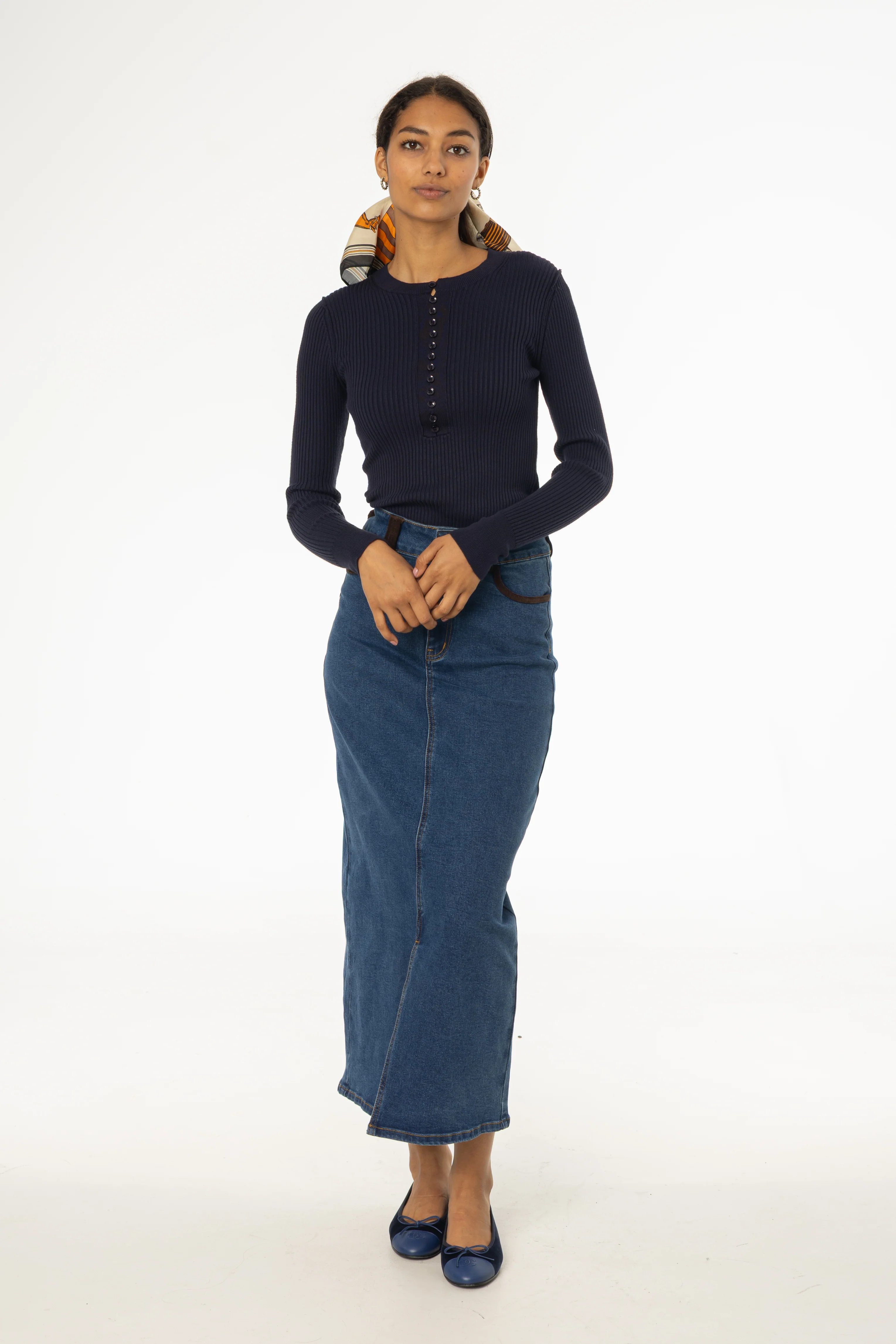 Blue Corduroy Detail Denim Skirt - KJDHW