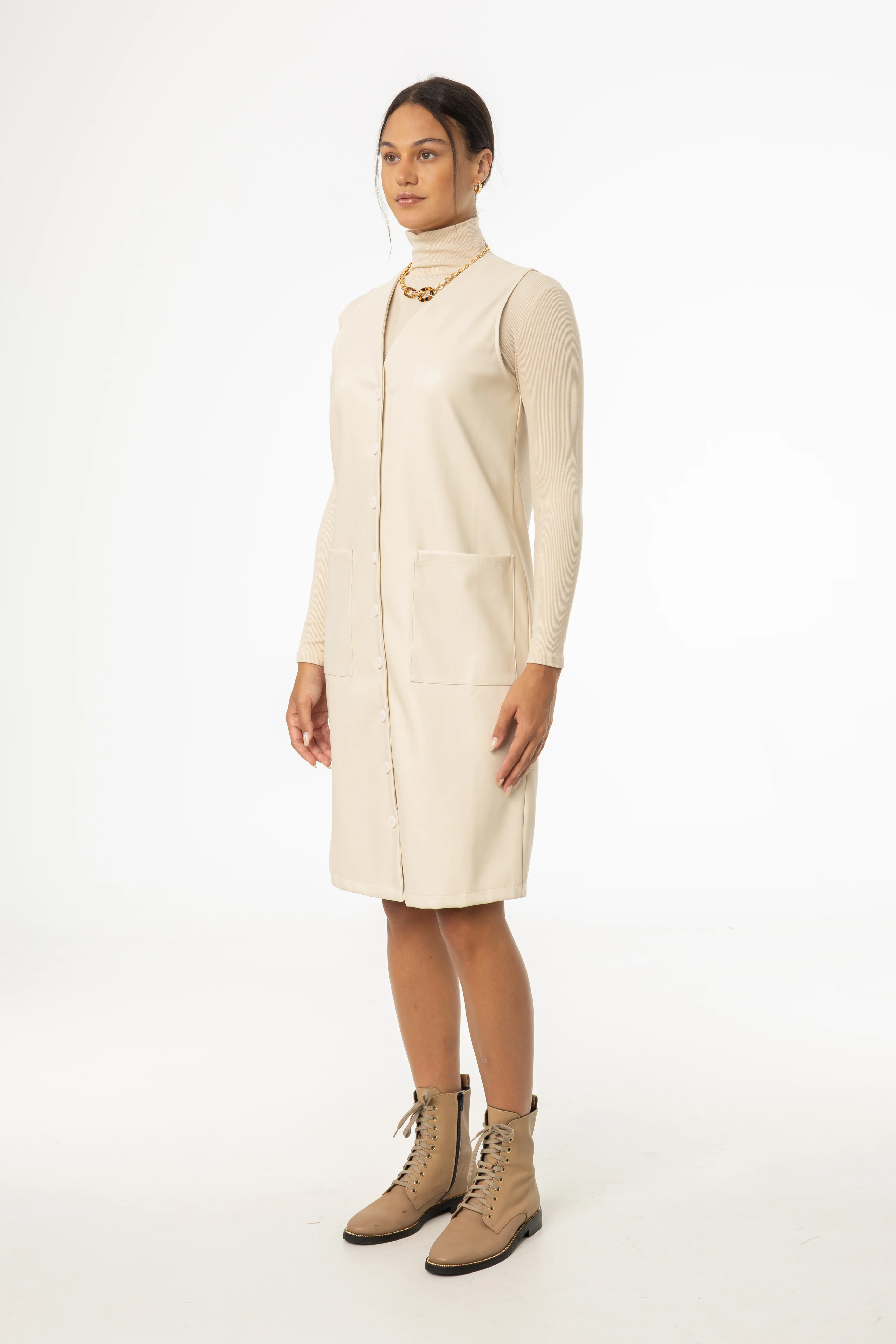 Cream Vegan Leather Vest Dress - KJDHW