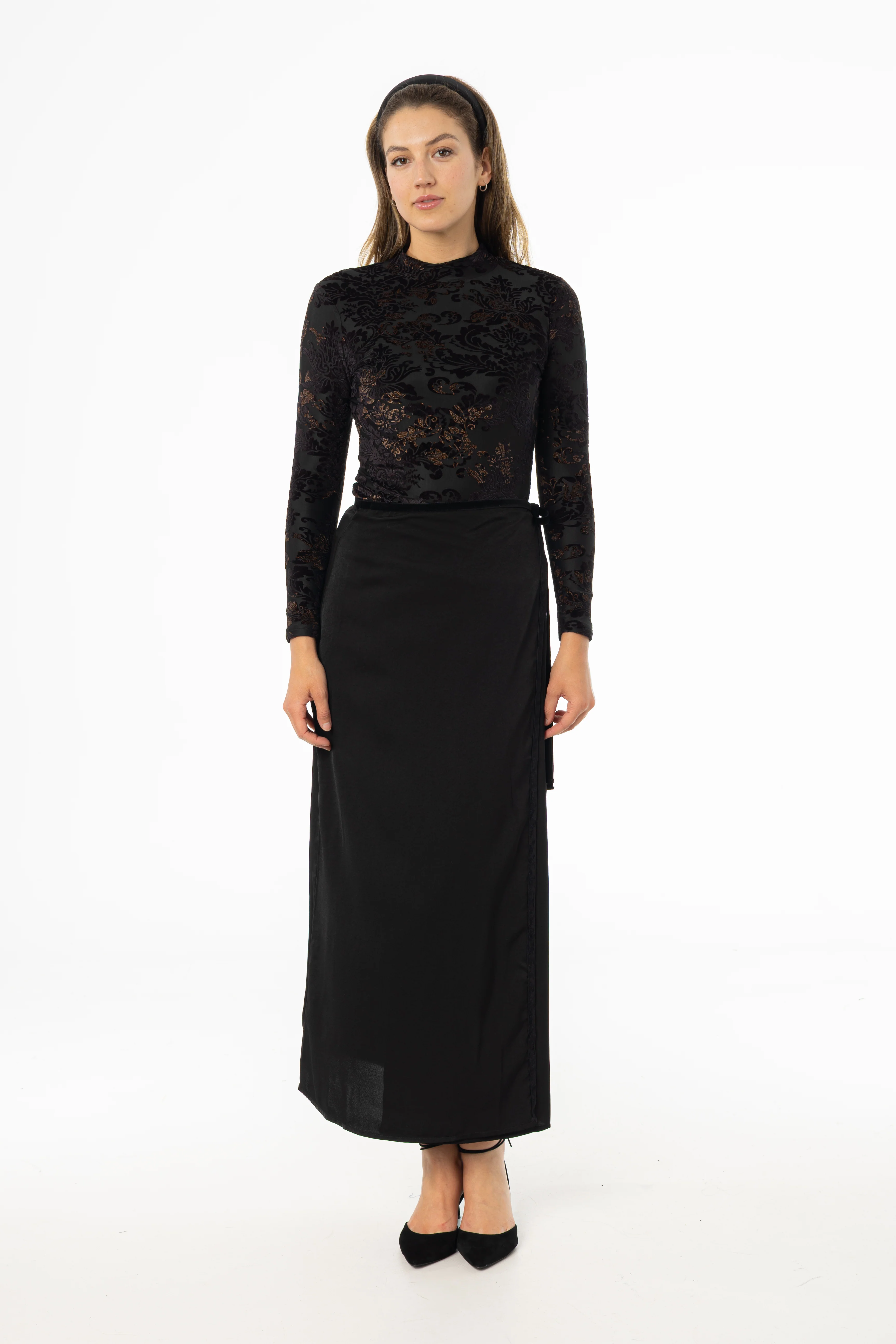 Black Velour Trim Wrap Skirt - KJDHW