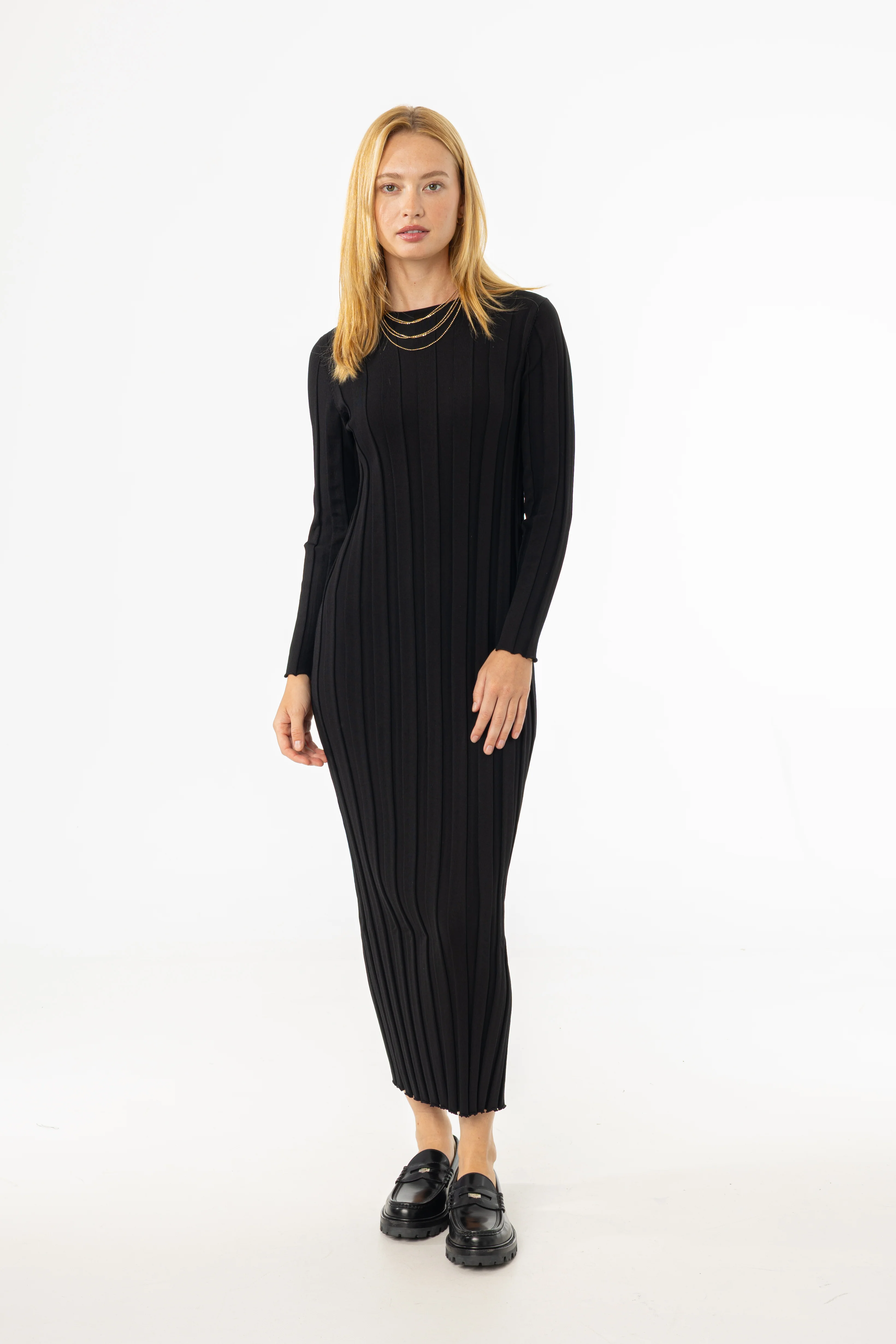 Black Wide Ribbed Maxi Dress - KJDHW