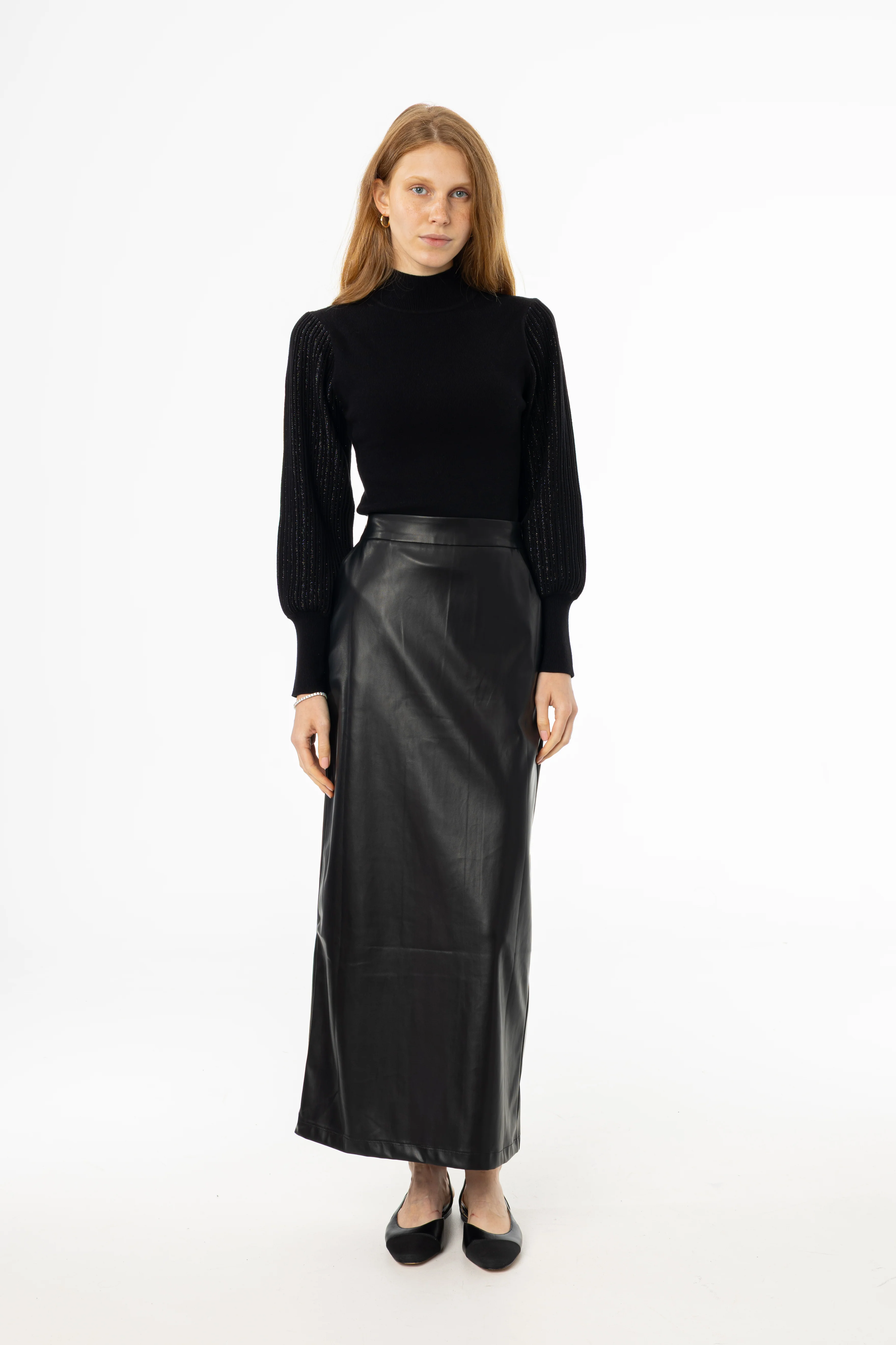 Black Straight Vegan Leather Skirt - KJDHW