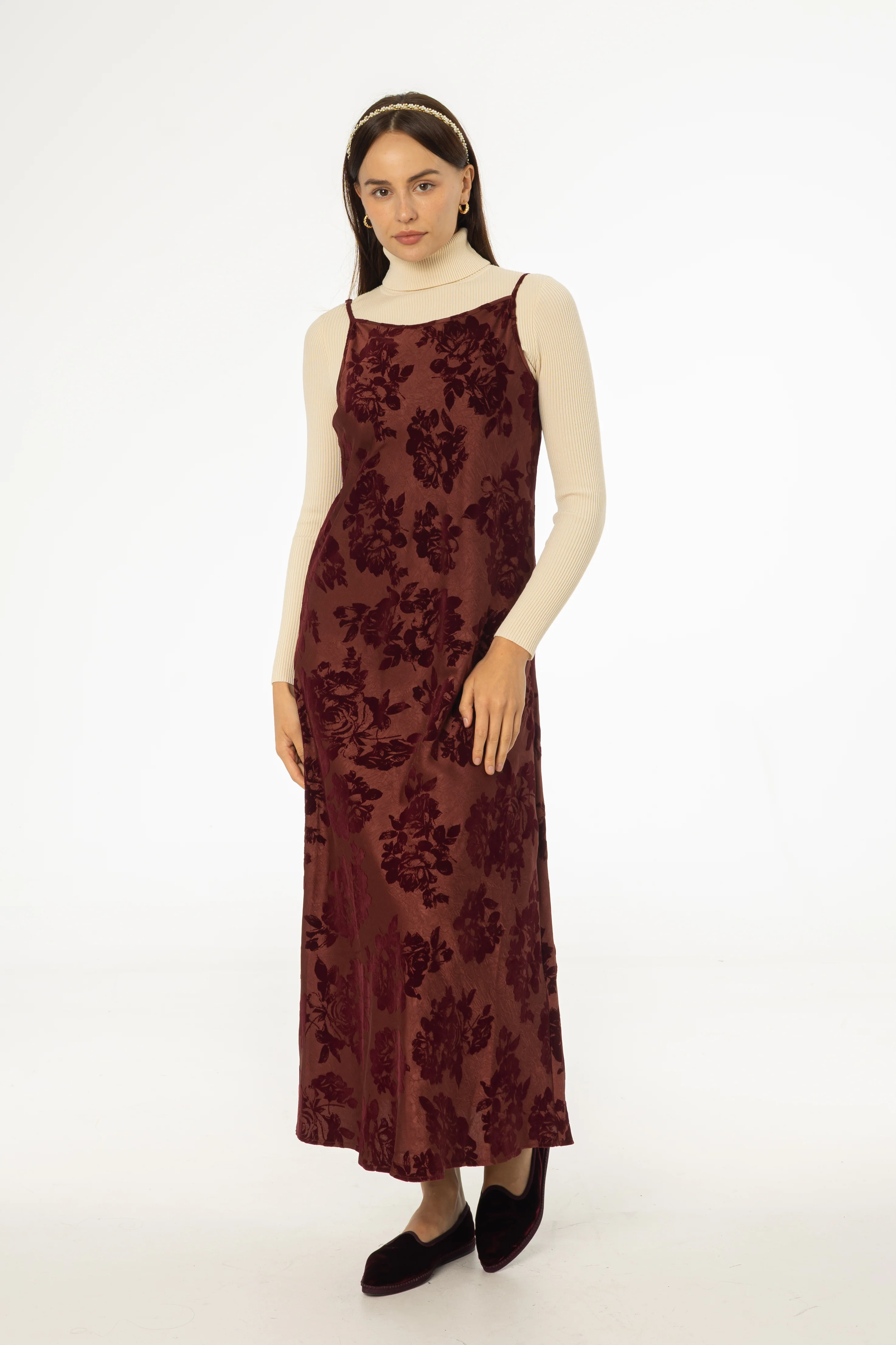 Burgundy Flower Print Velvet Slip Jumper - KJDHW