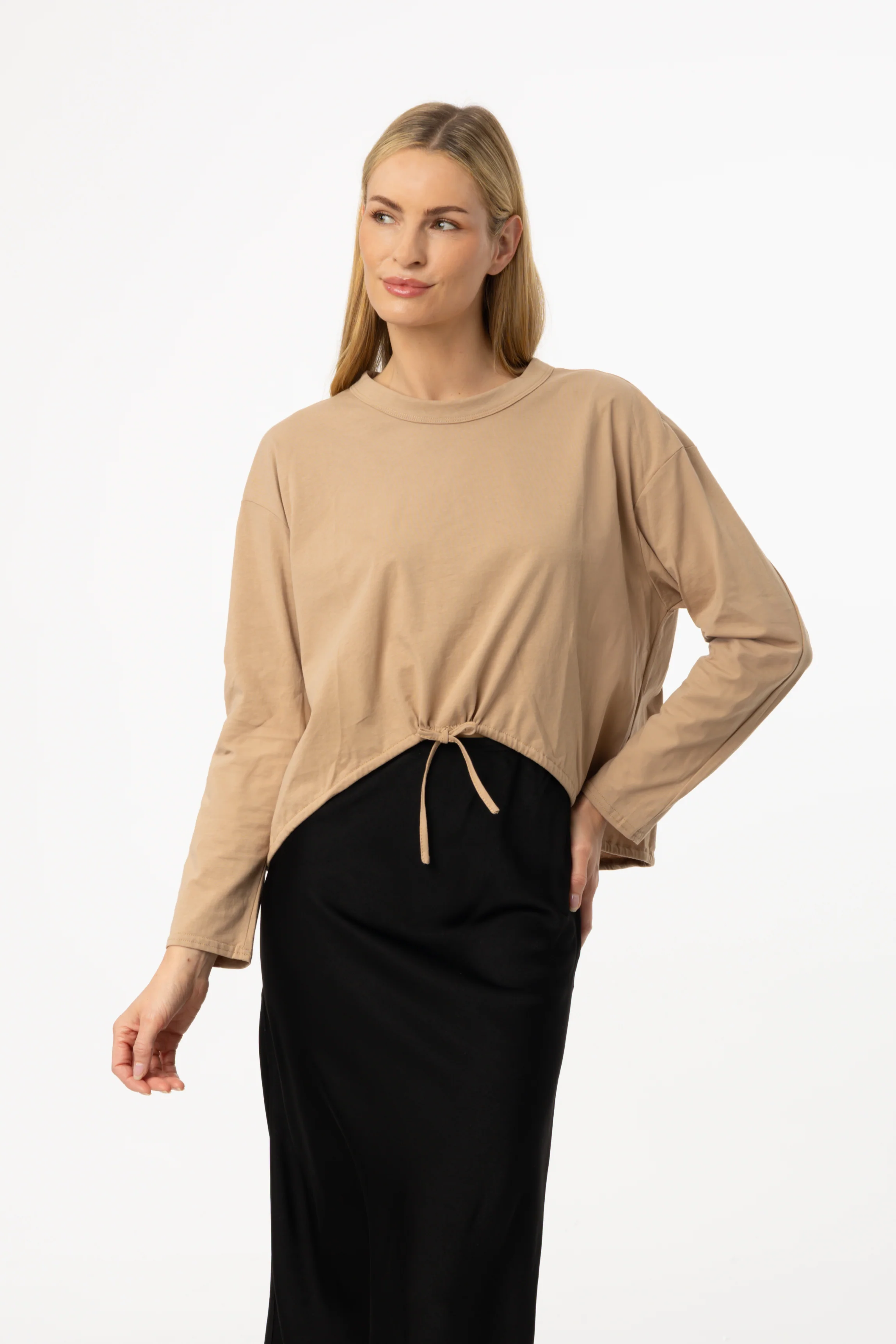 Tan High Low Drawstring Tee - KJDHW