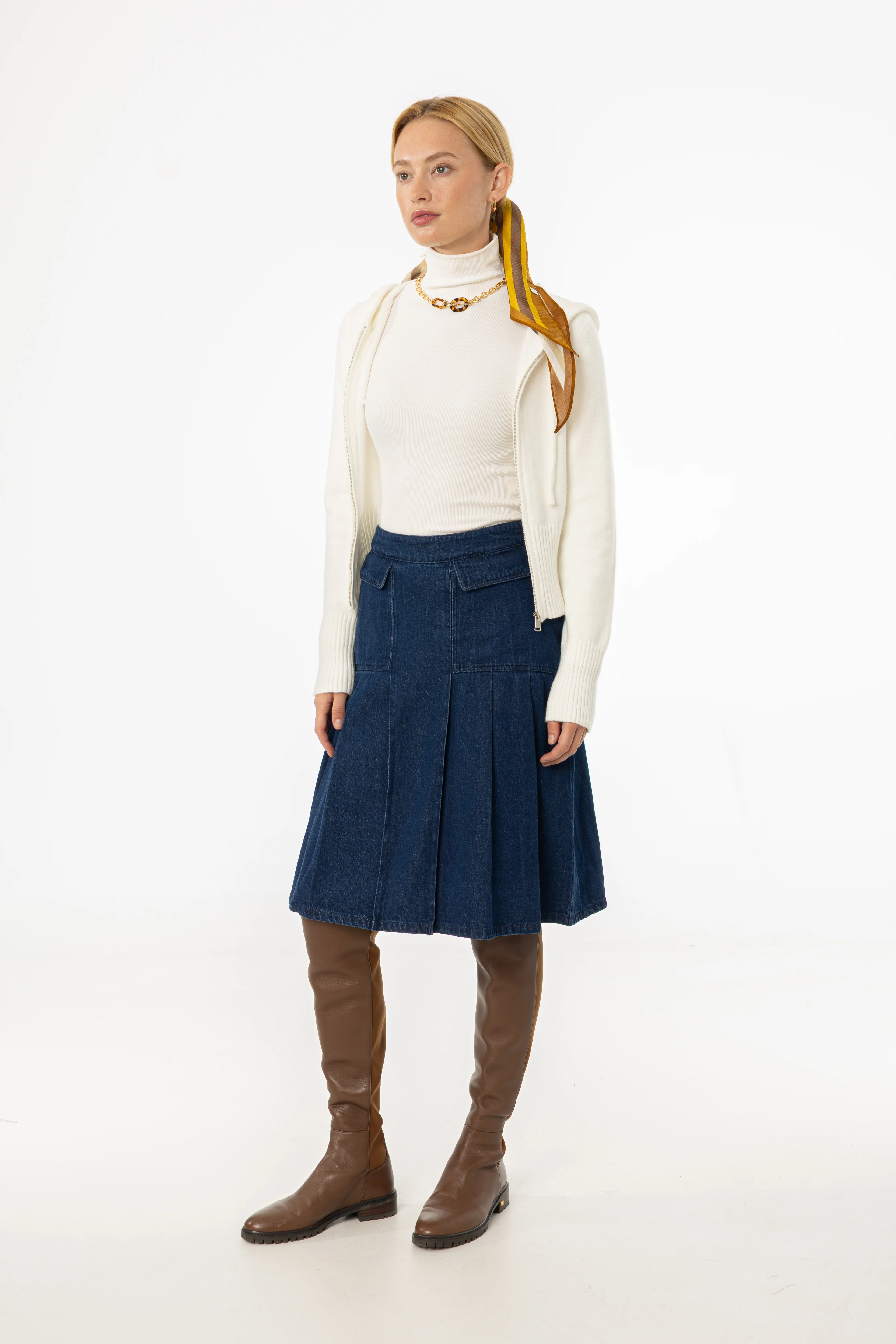 Blue Half Pleat Cargo Denim Skirt - KJDHW