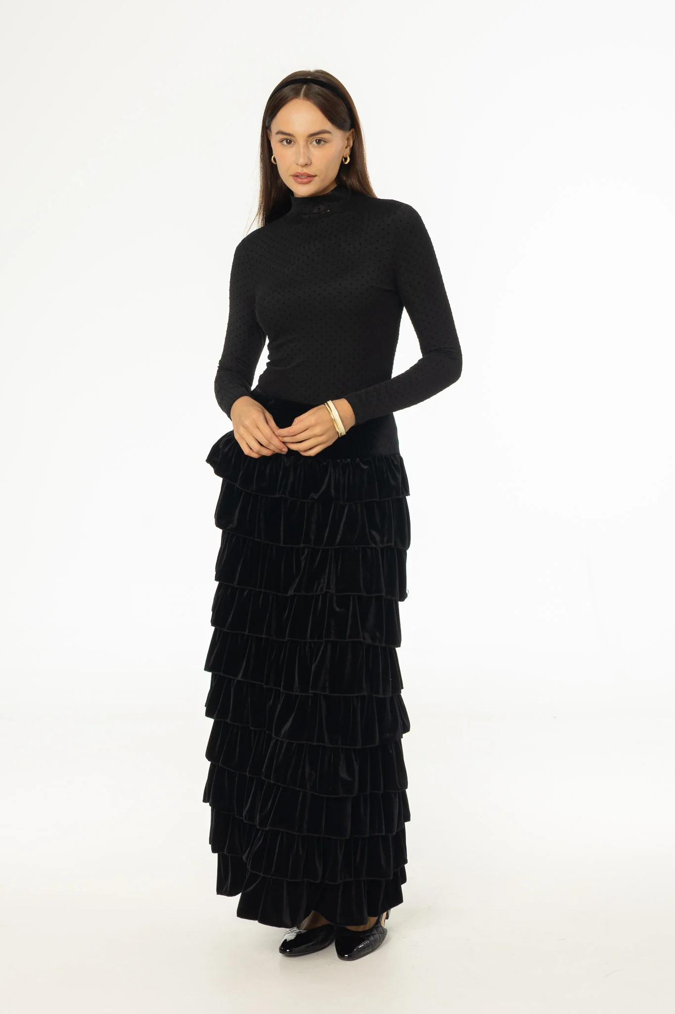Black Ruffle Velour Maxi Skirt - KJDHW