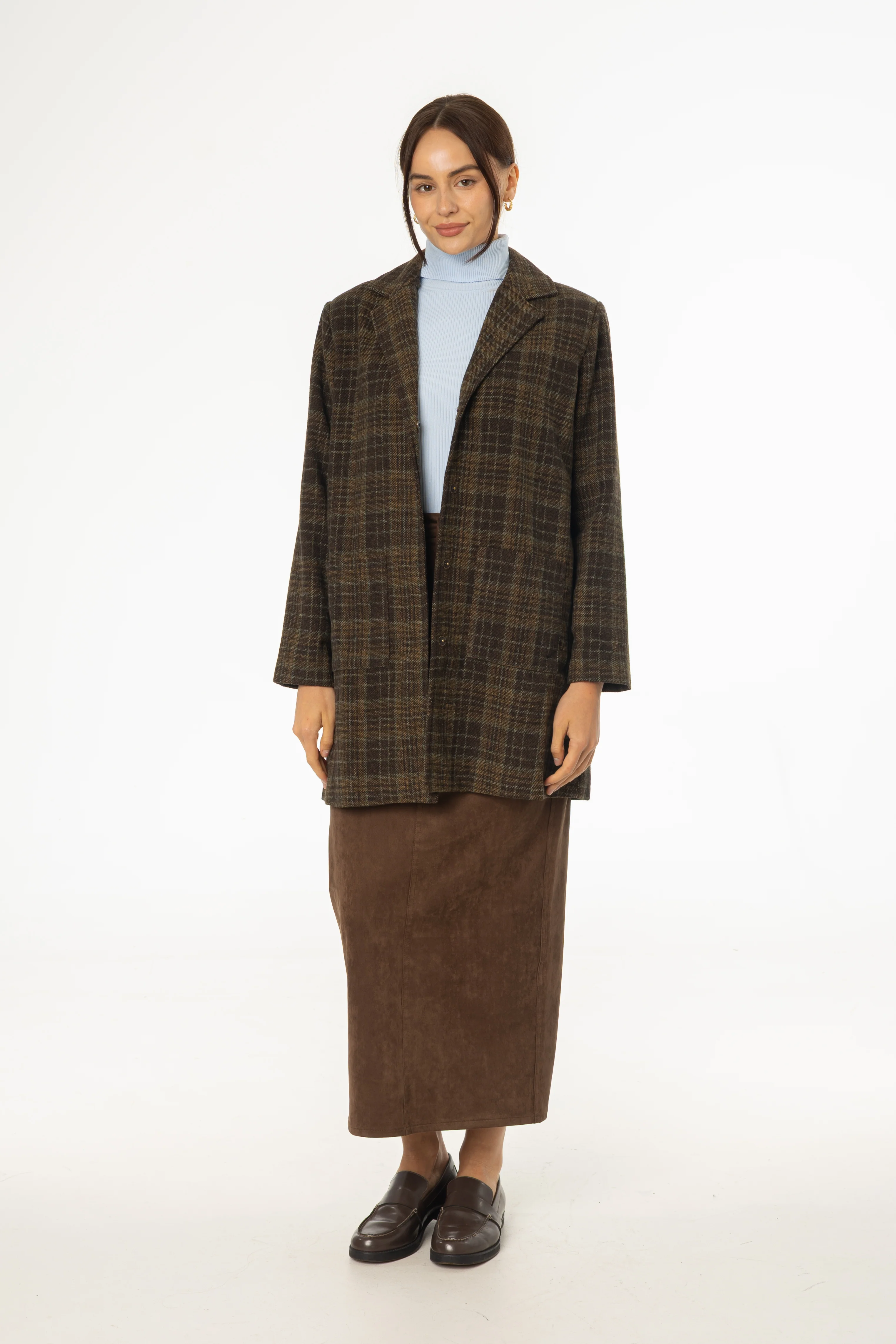 Brown Plaid Wool Coat - KJDHW