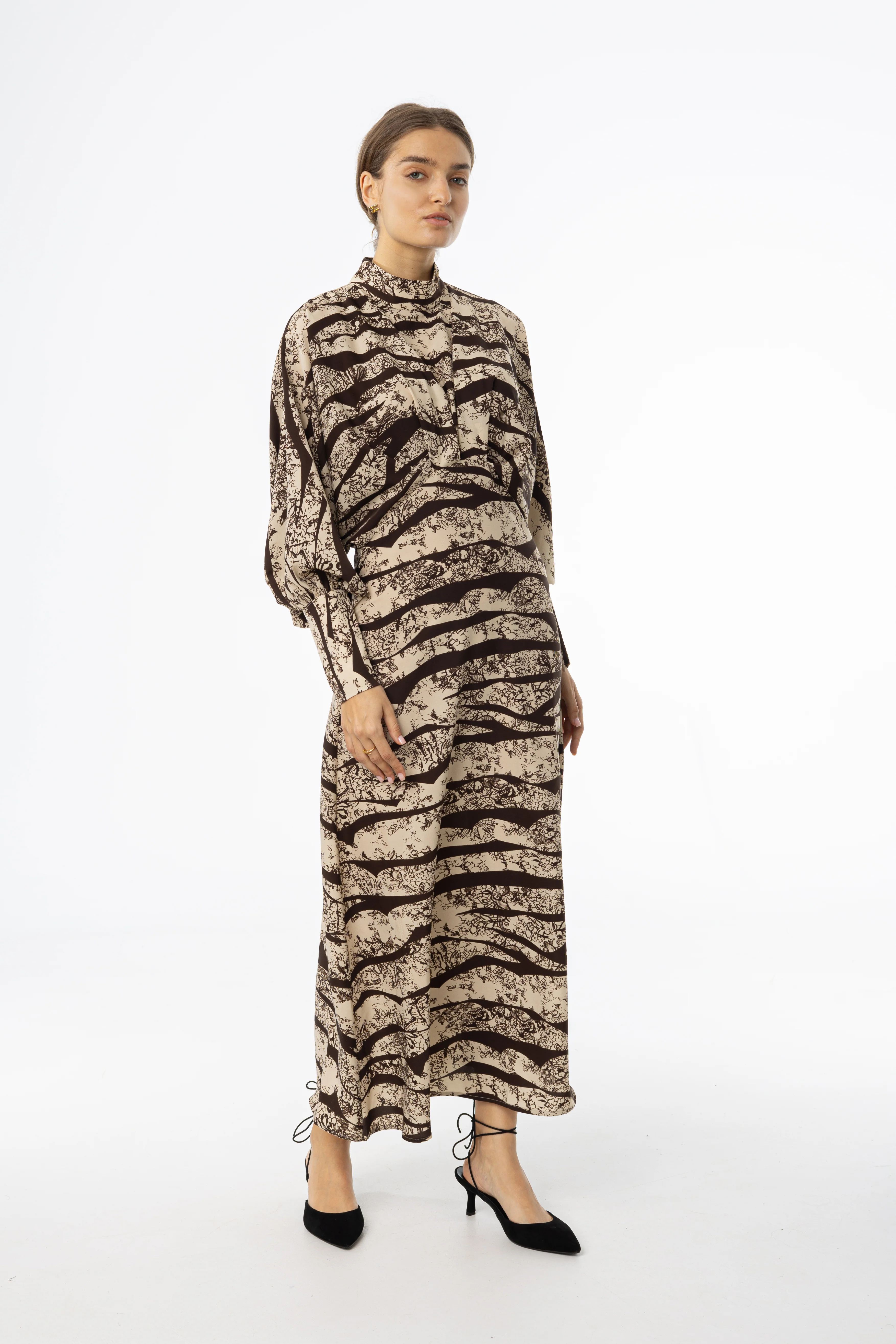 Brown Printed Draped Maxi Dress - KJDHW