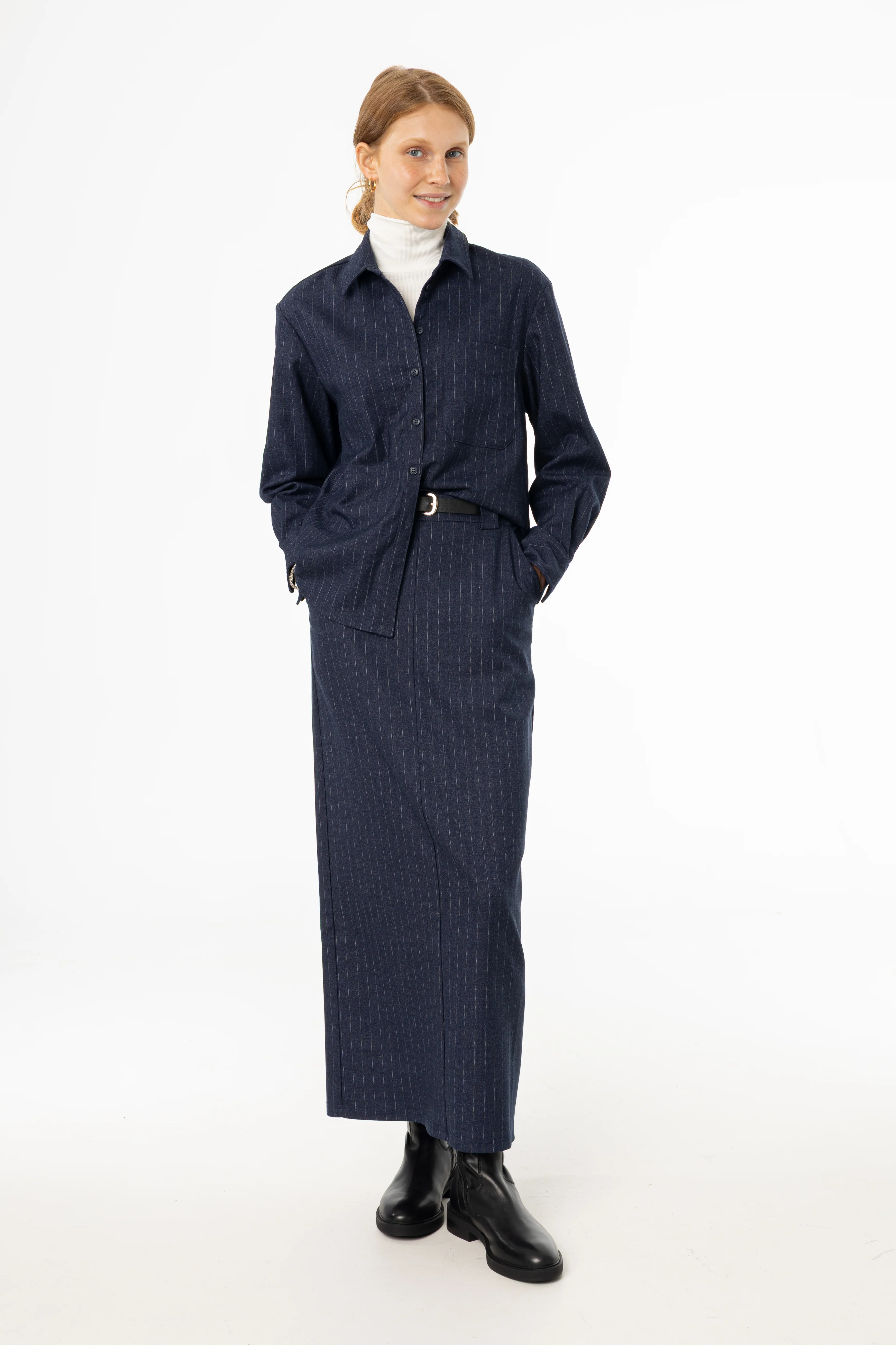 Navy Pinstripe Everyday Skirt - KJDHW