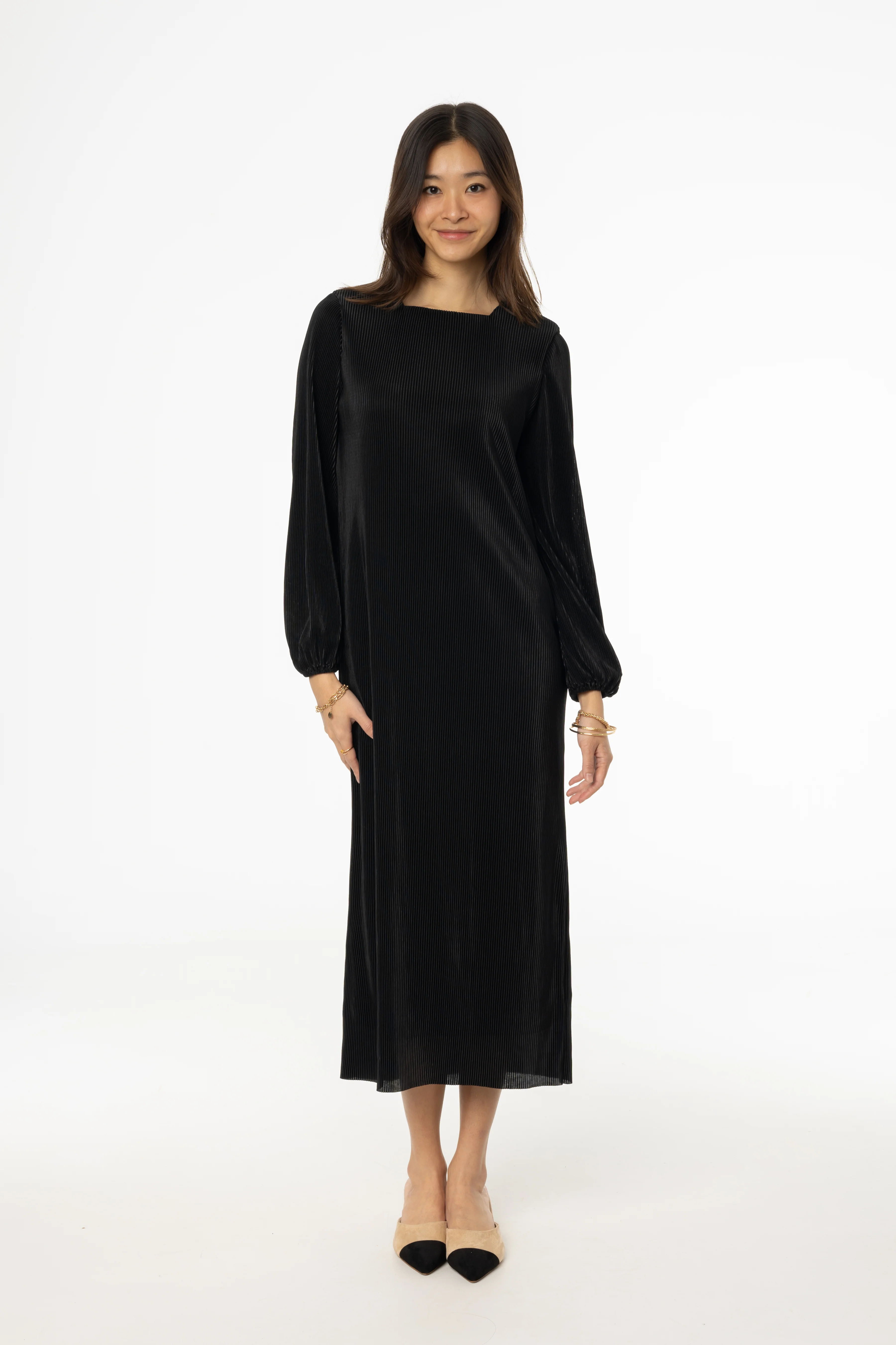 Black Square Neck Accordion Pleat Maxi Dress - KJDHW
