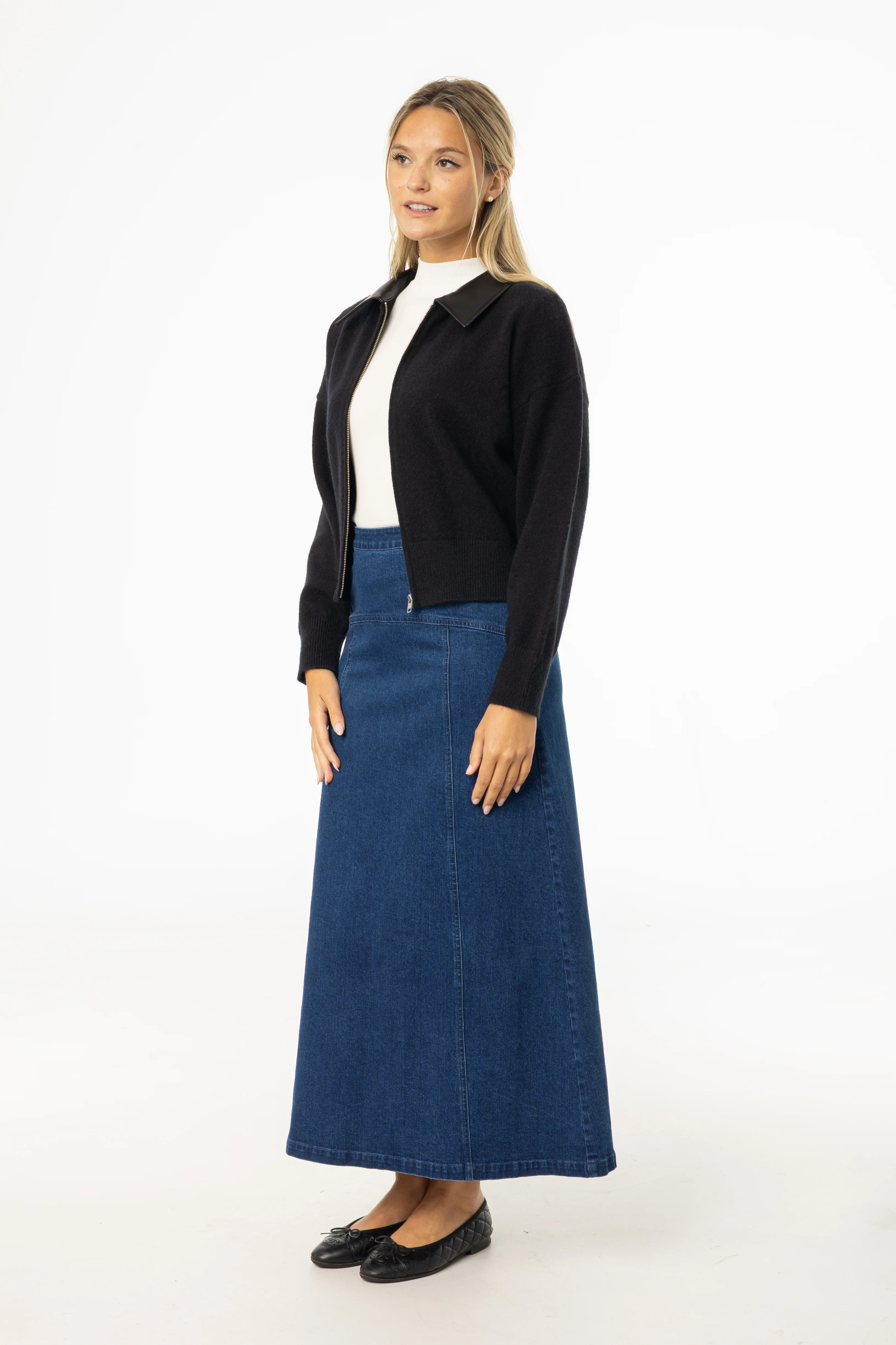 Dark Blue Yoke Seam Denim Skirt - KJDHW