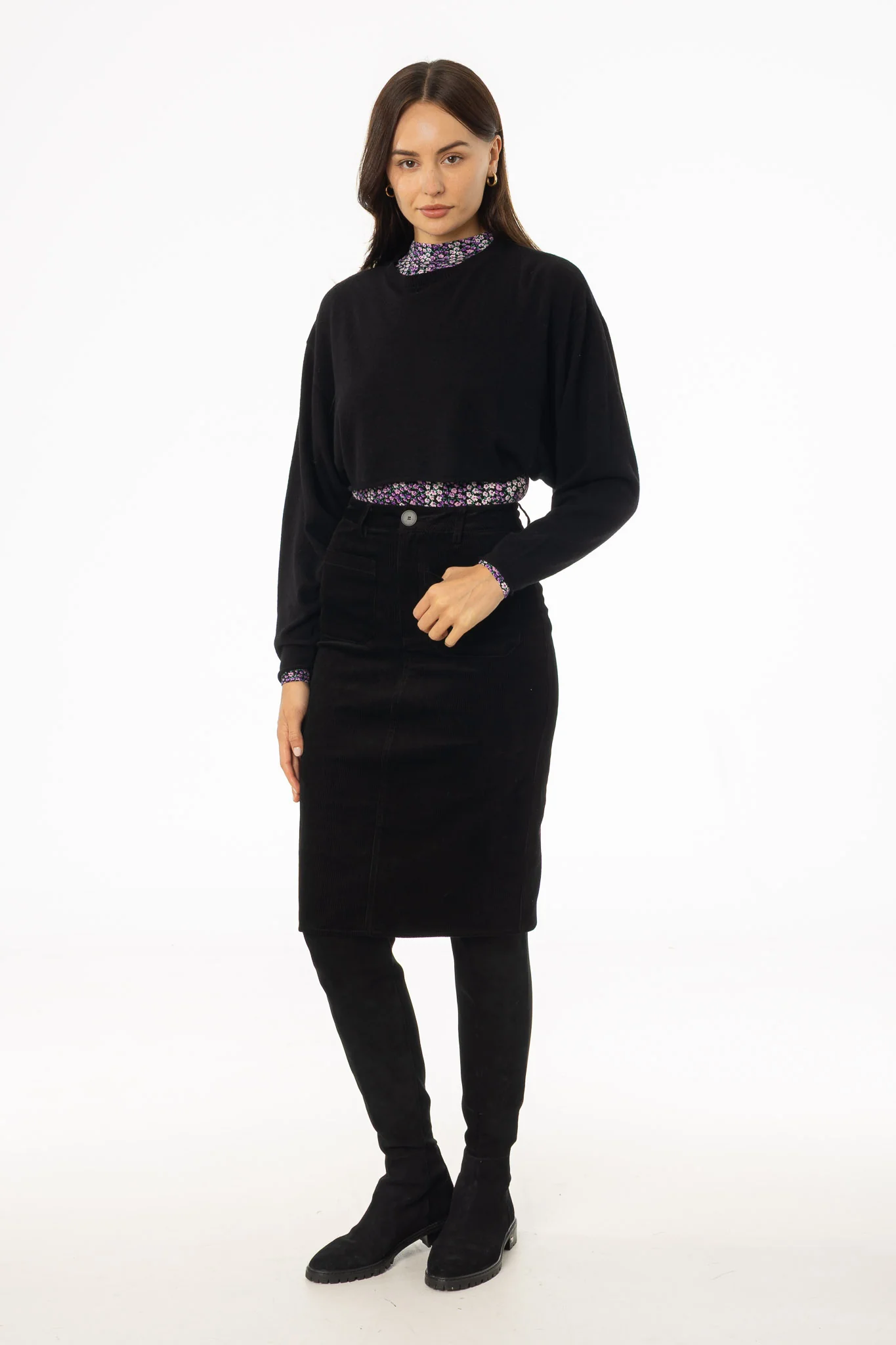 Black Pocket Corduroy Pencil Skirt - KJDHW