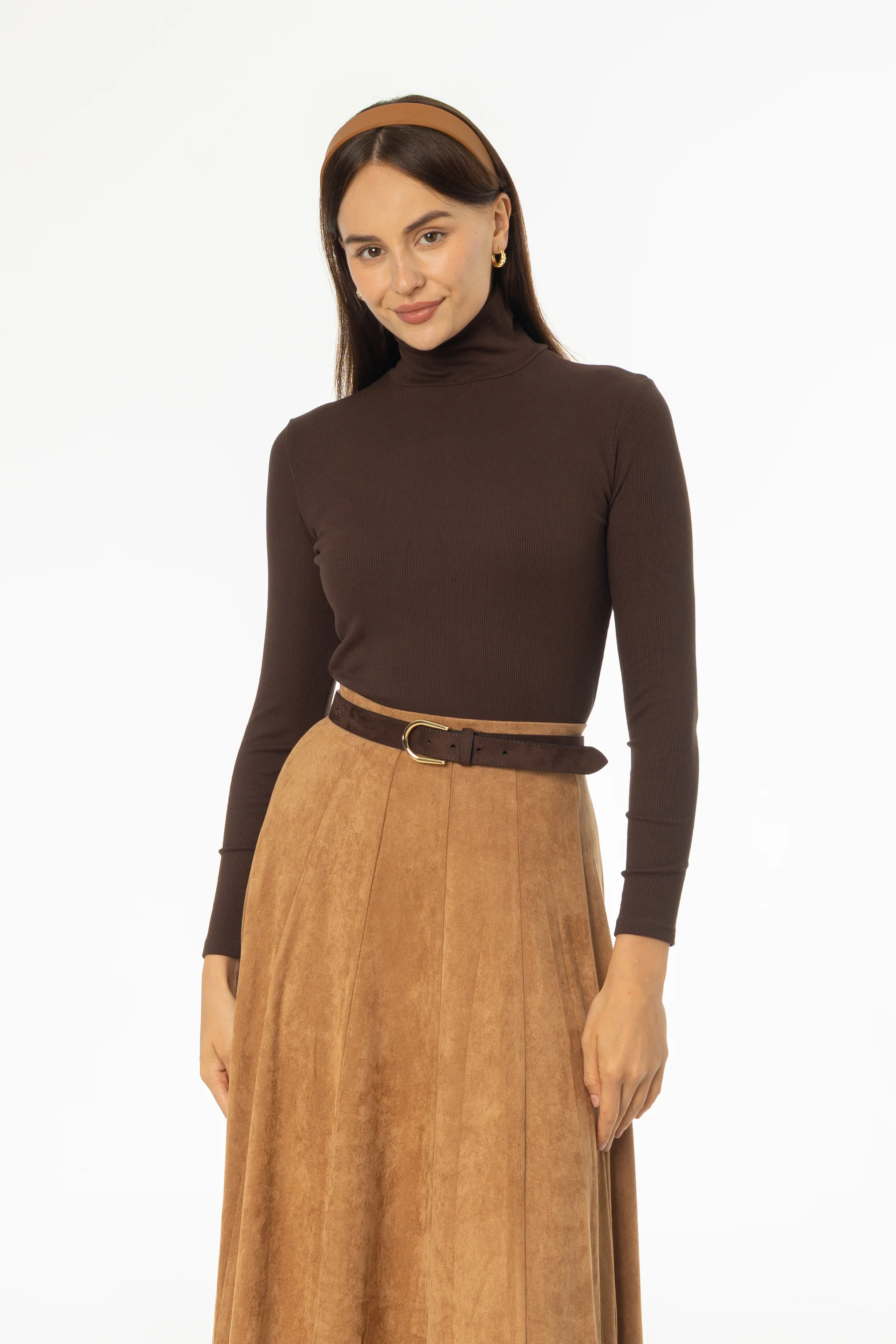 Brown Solid Turtleneck Top - KJDHW