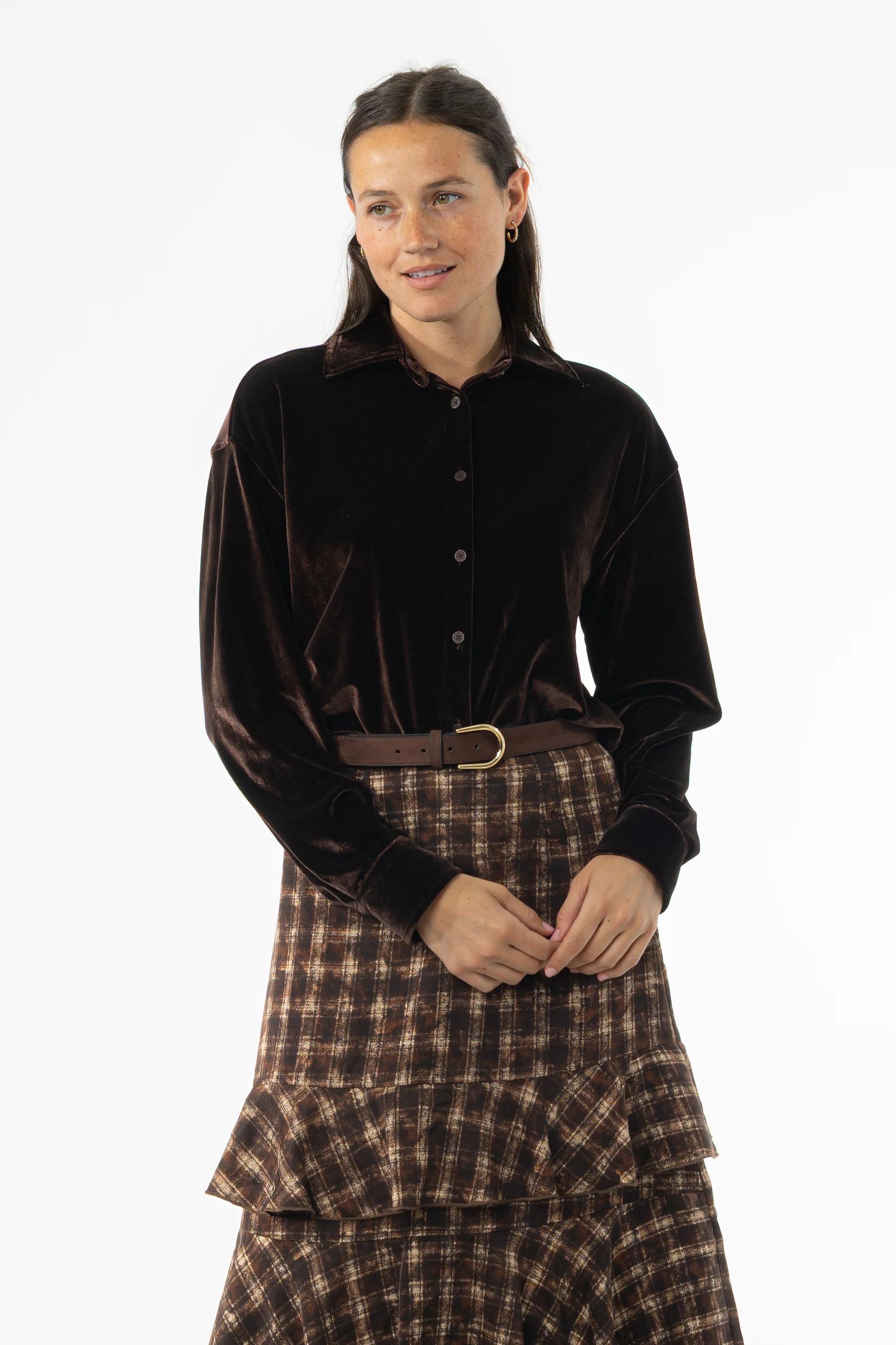 Brown Oversized Velour Blouse - KJDHW