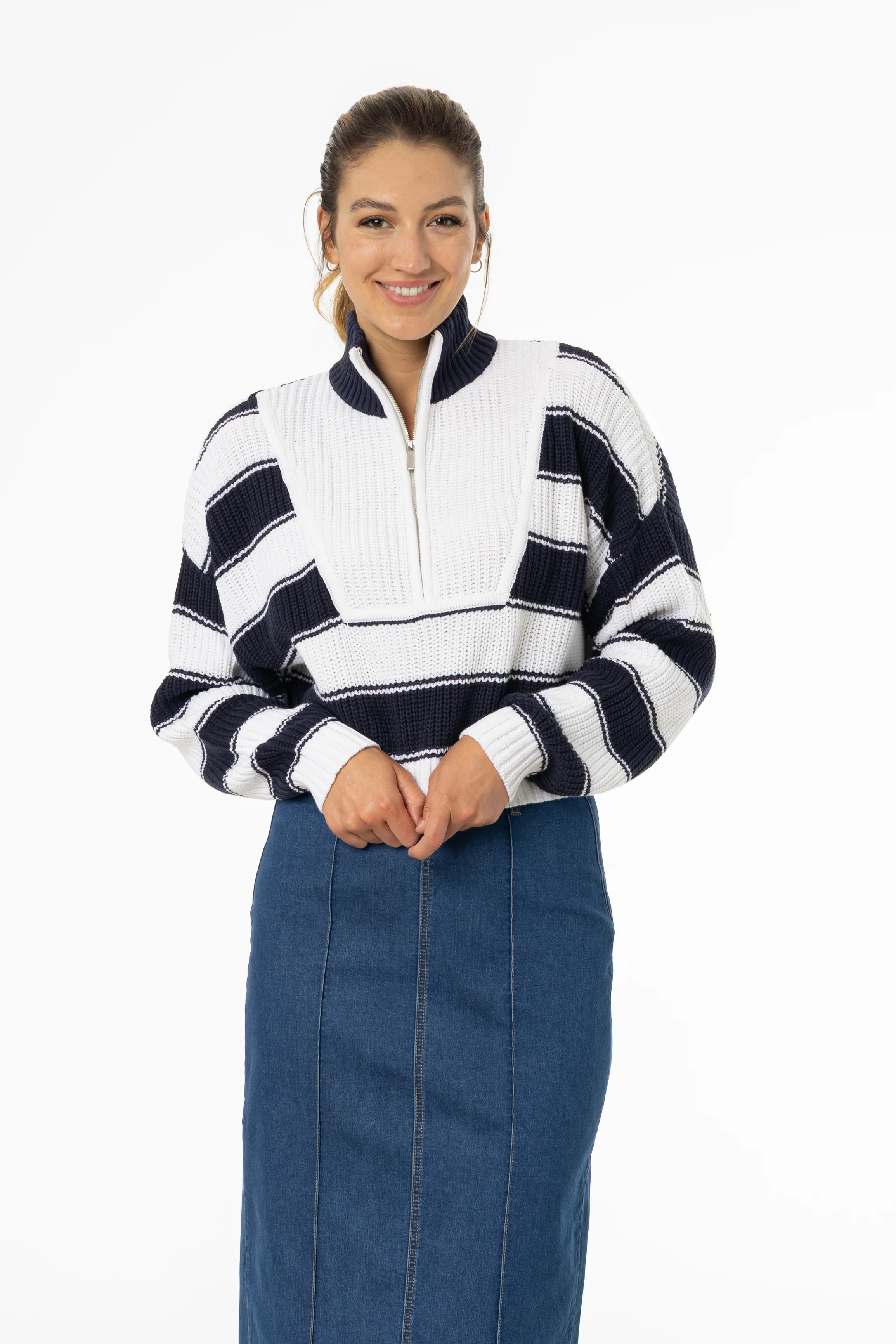 Navy Striped Quarter Zip Sweater Top - KJDHW