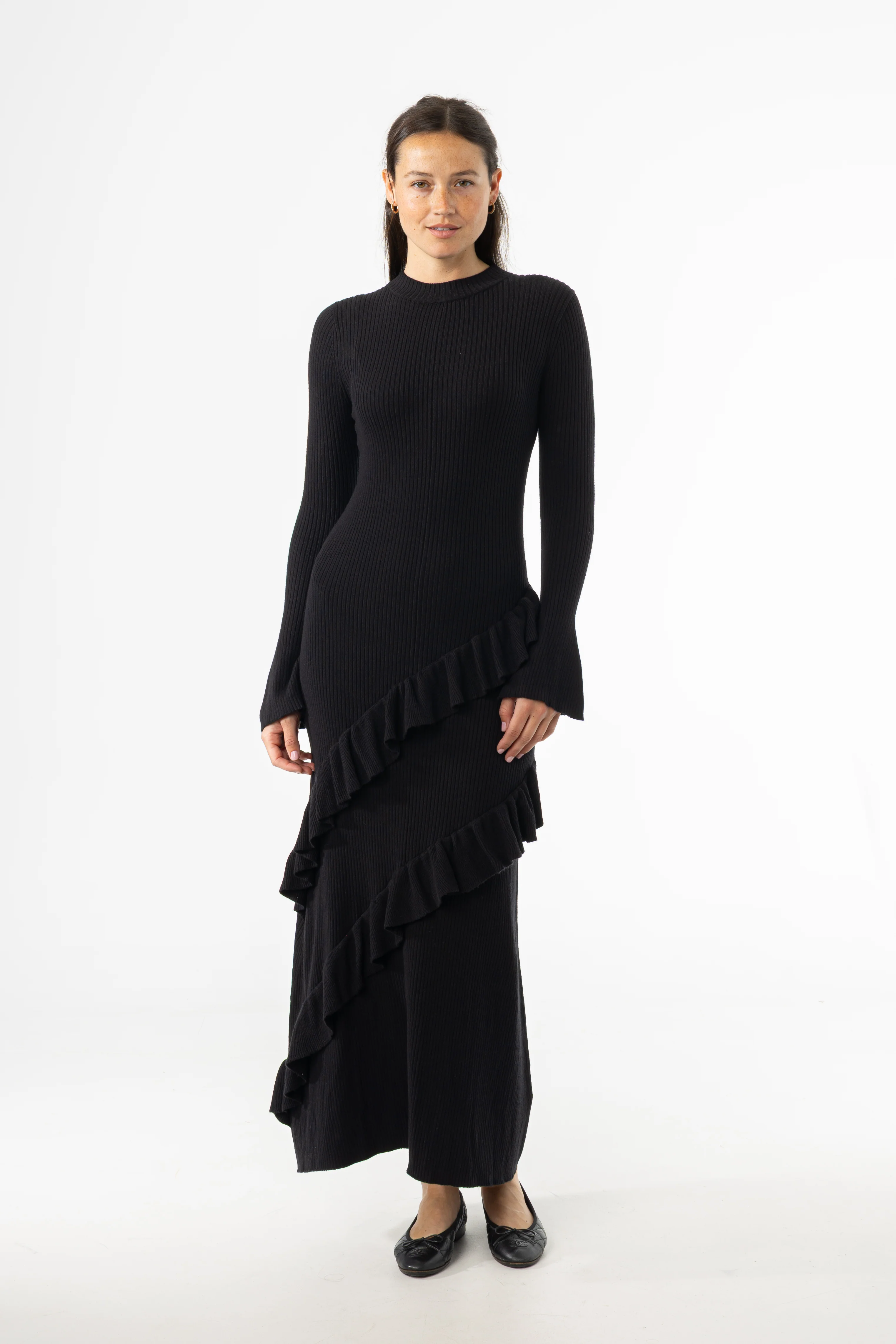 Black Ruffle Knit Dress - KJDHW