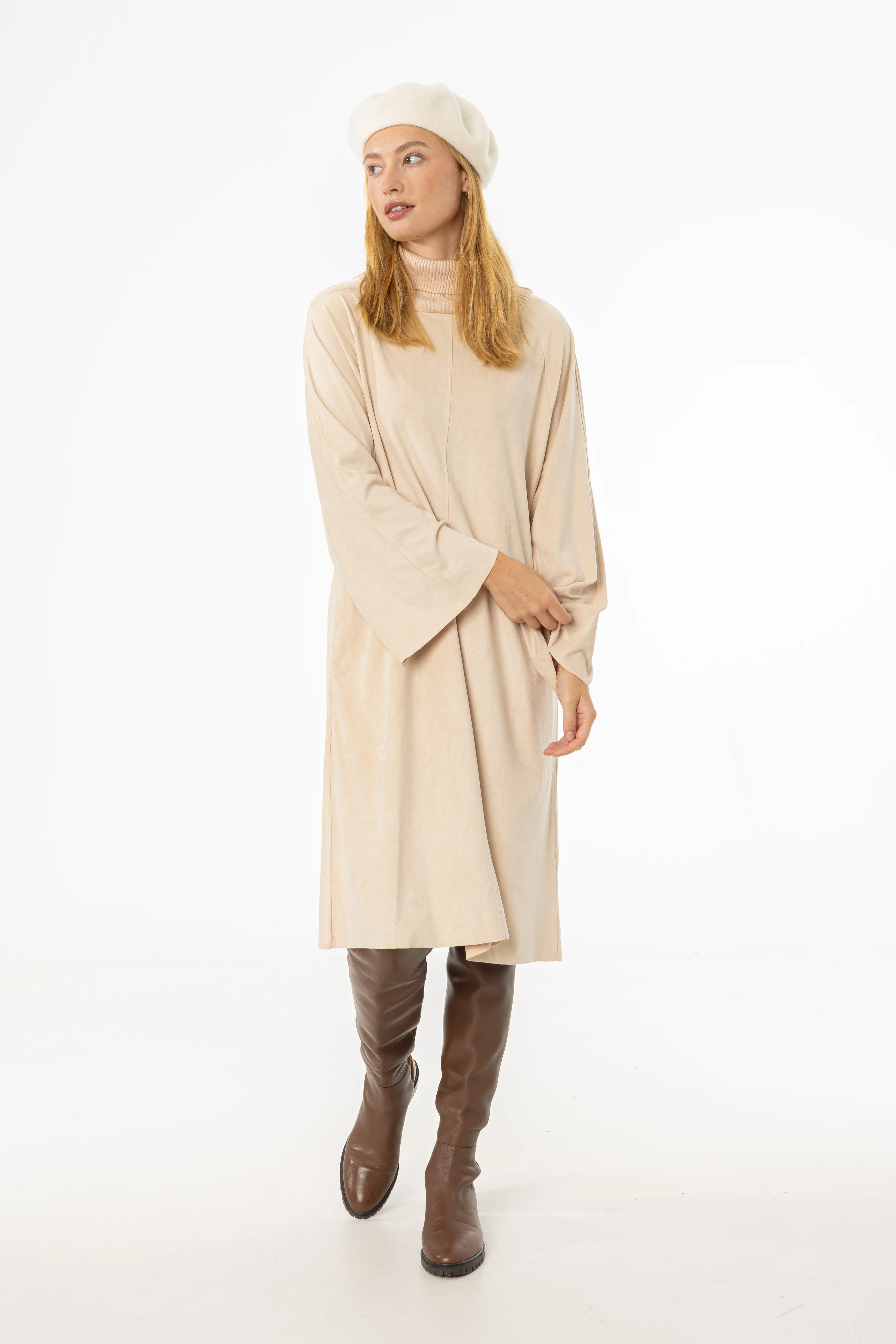 Cream Ribbed Turtleneck Microsuede Dress - KJDHW