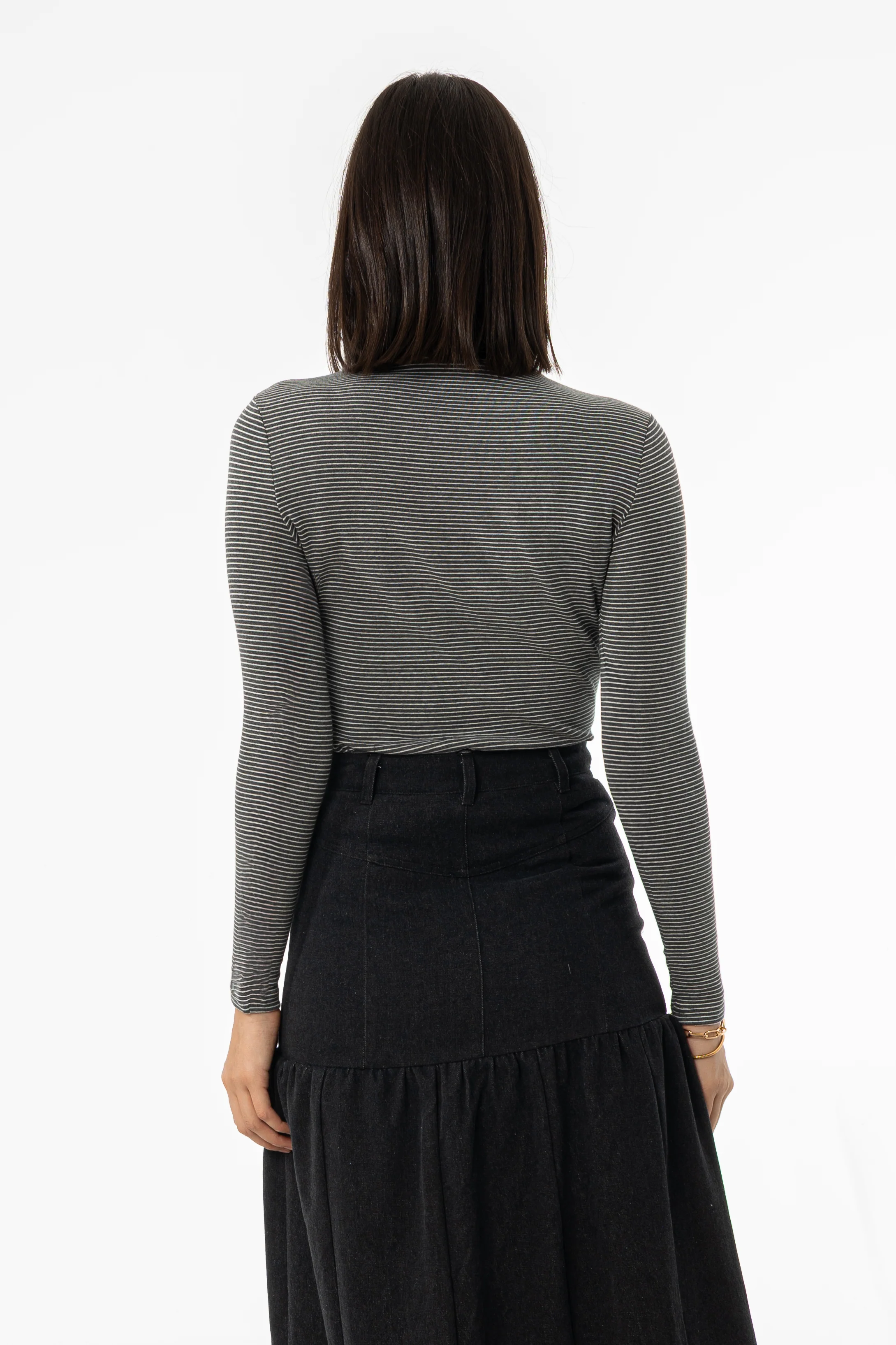 Grey Striped Mock Neck Top - KJDHW