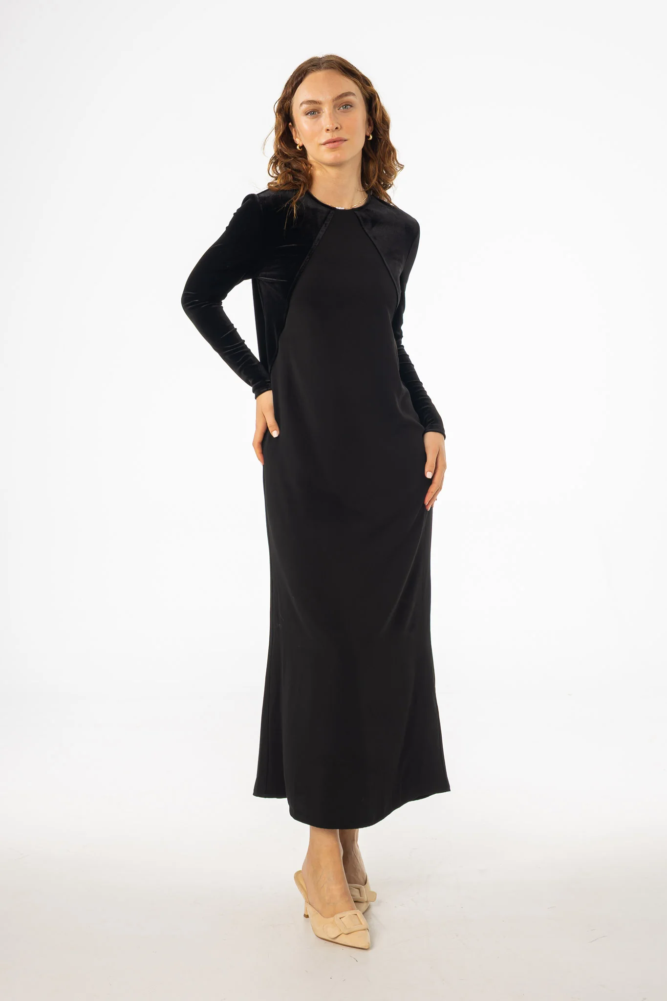 Black Mixed Fabric Maxi Dress - KJDHW