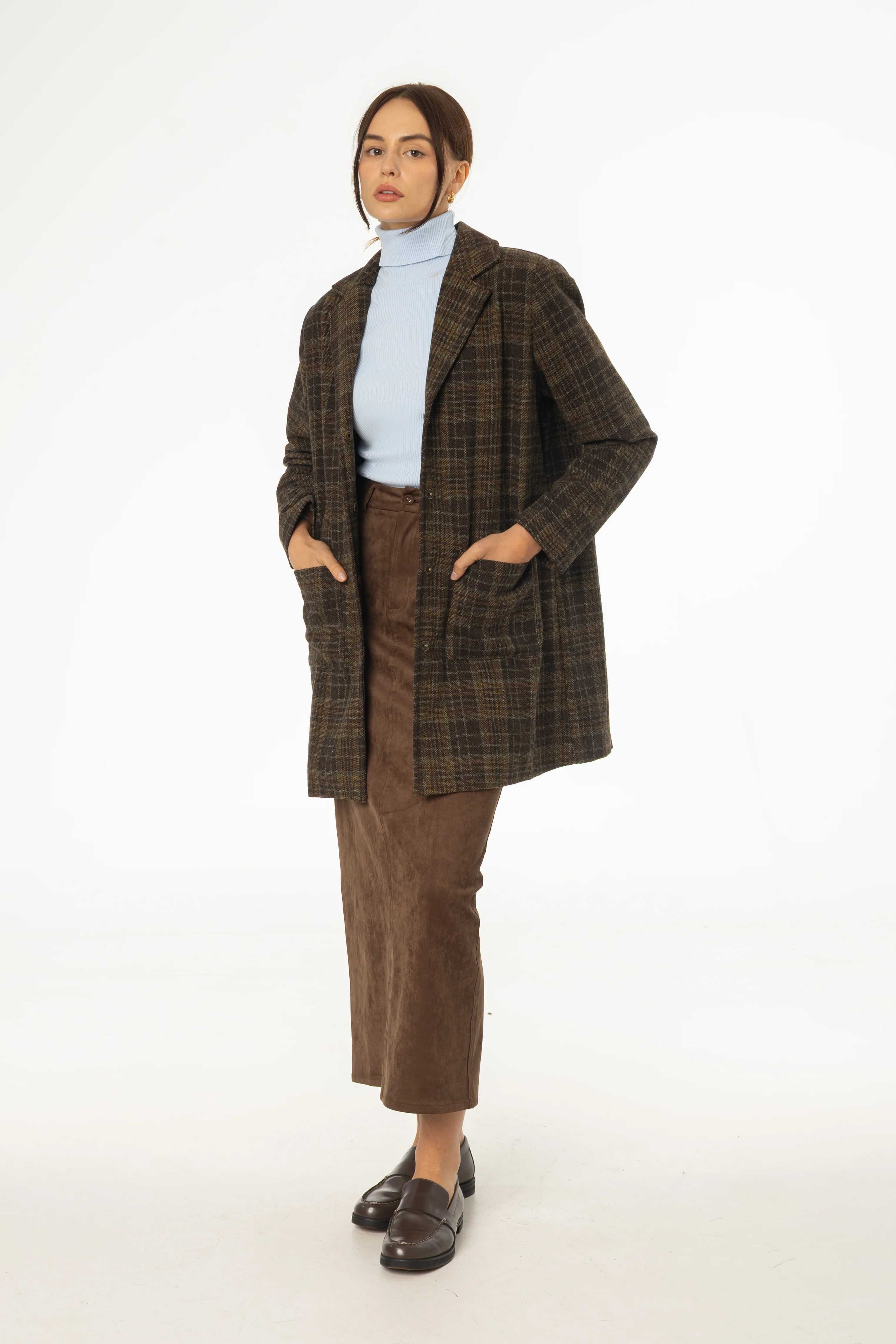 Brown Plaid Wool Coat - KJDHW