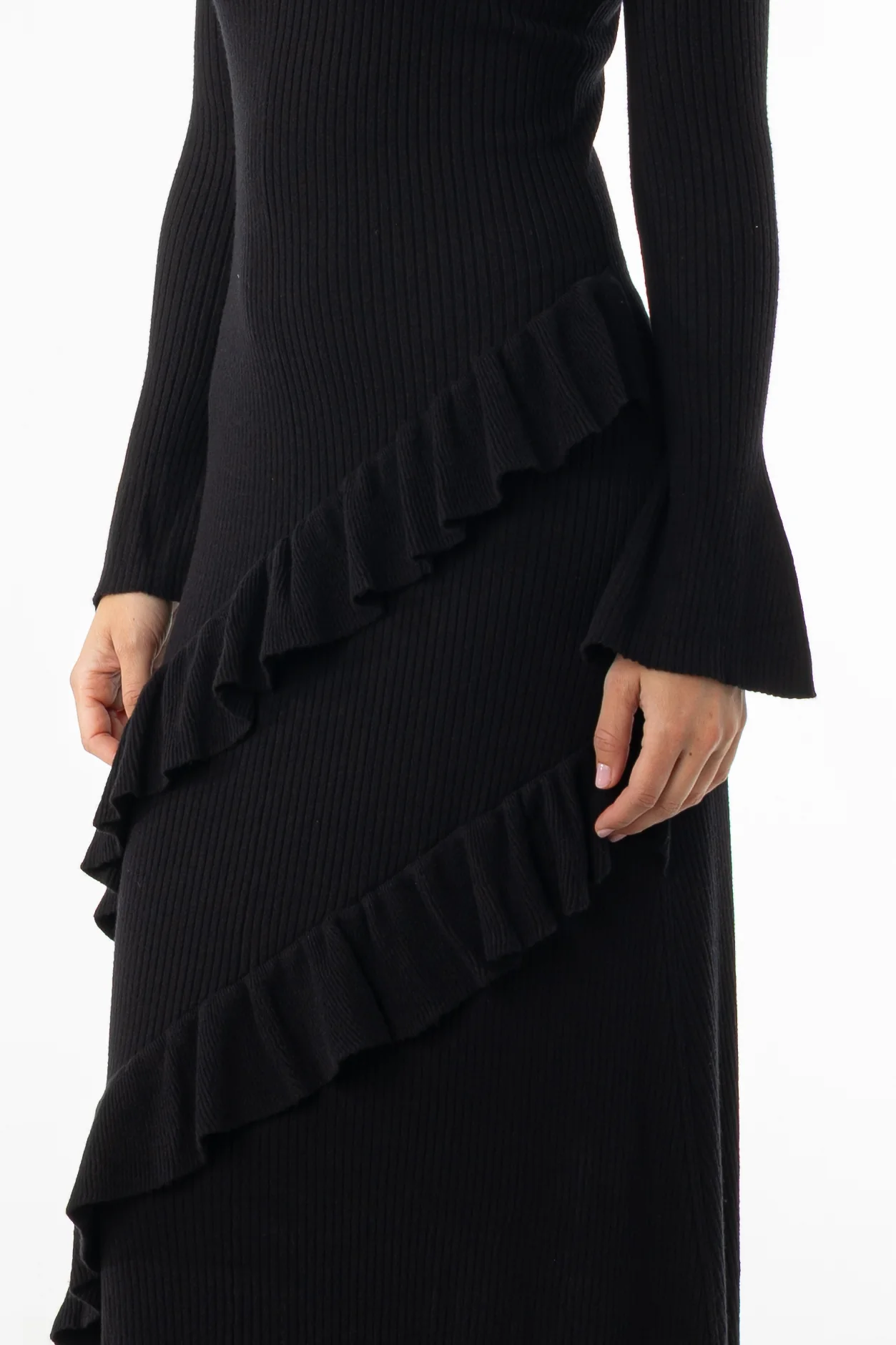 Black Ruffle Knit Dress - KJDHW
