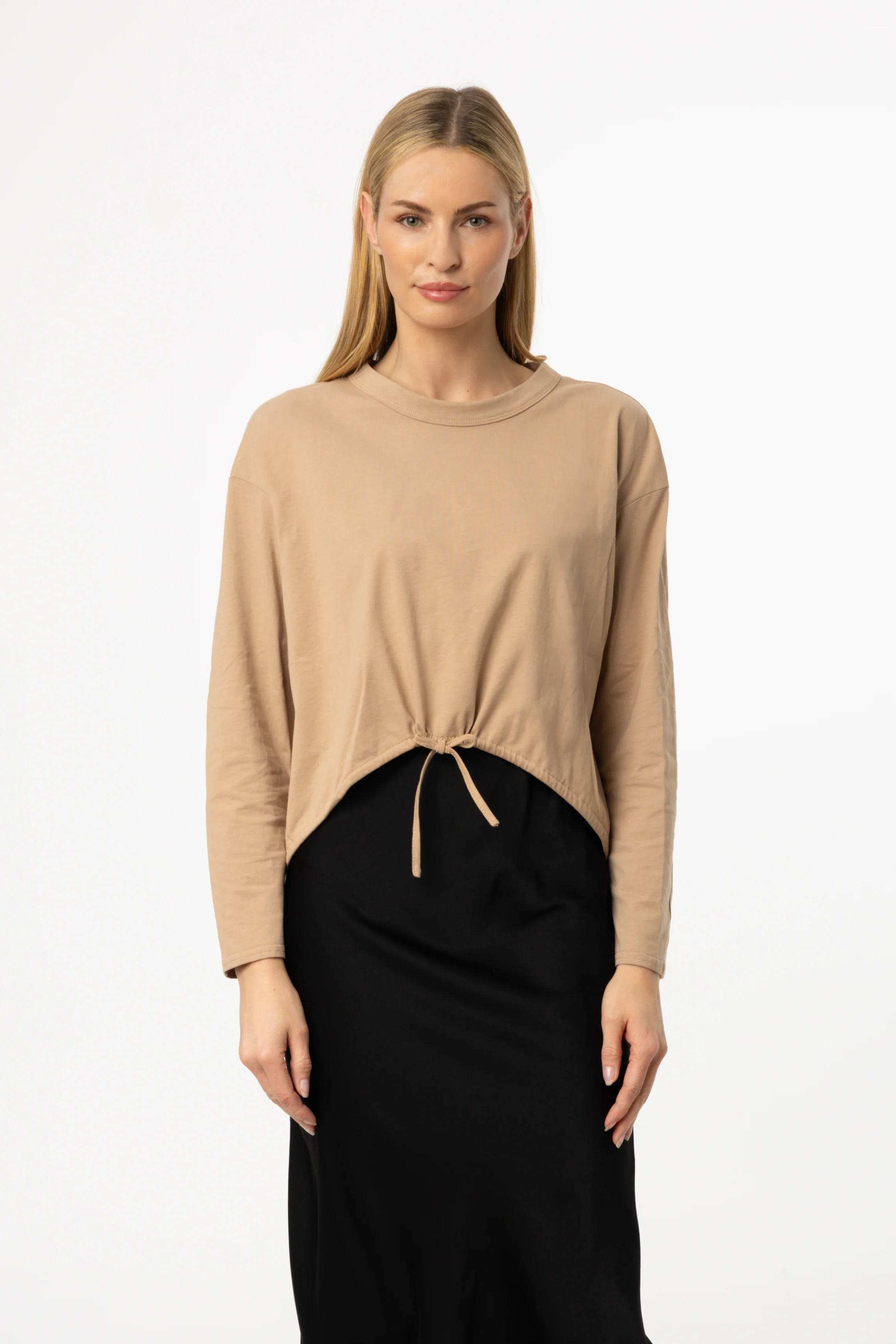 Tan High Low Drawstring Tee - KJDHW