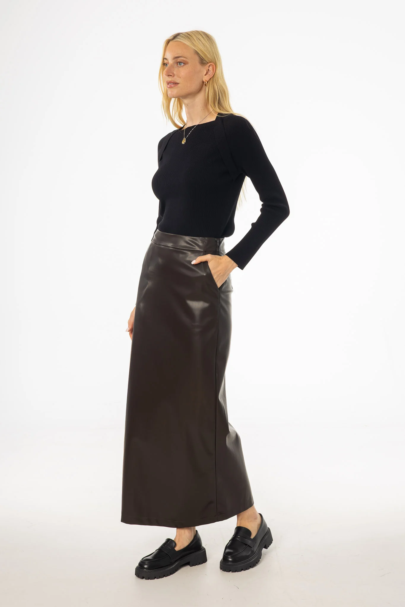 Brown Straight Vegan Leather Skirt - KJDHW