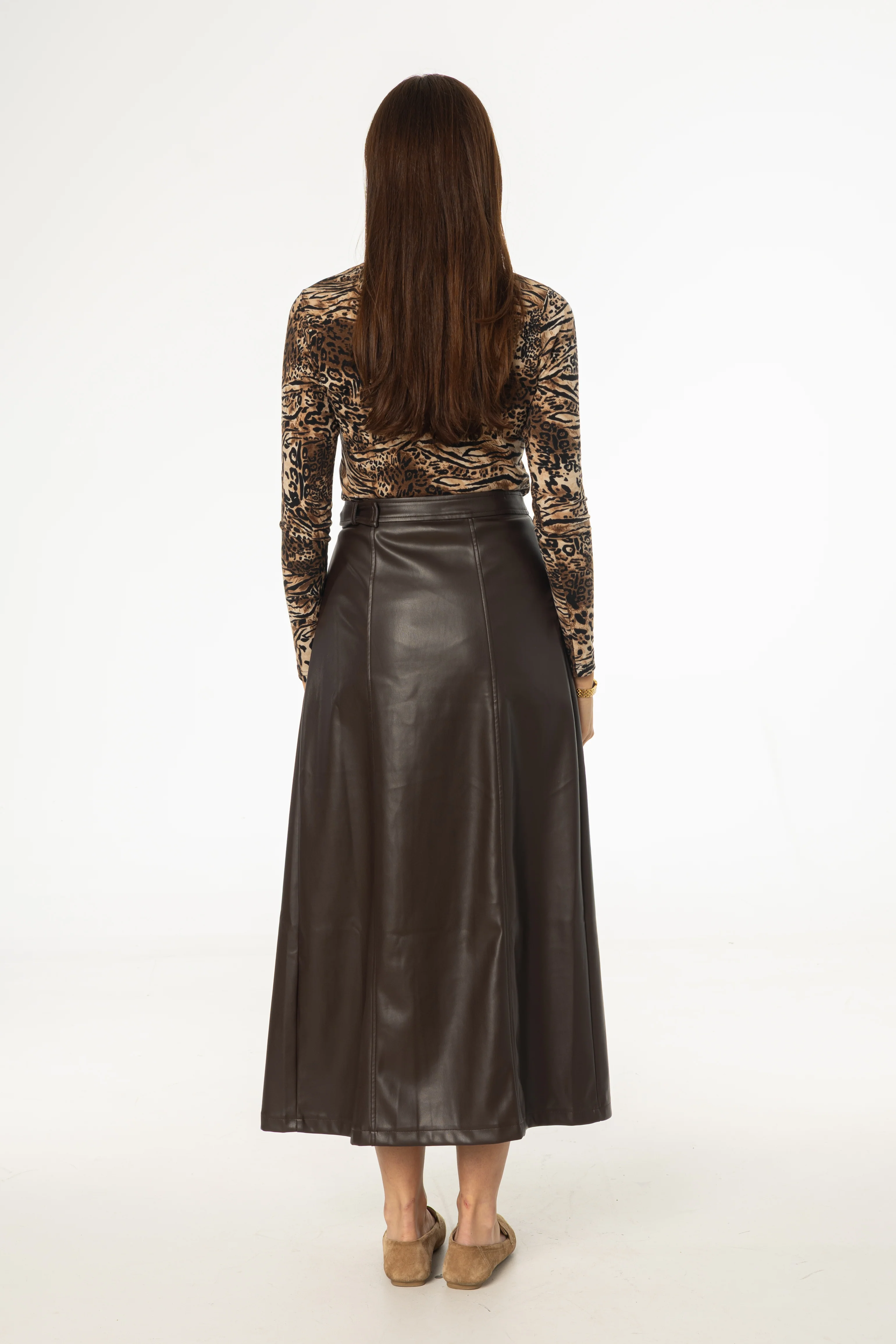 Brown Wrap Vegan Leather Maxi Skirt - KJDHW