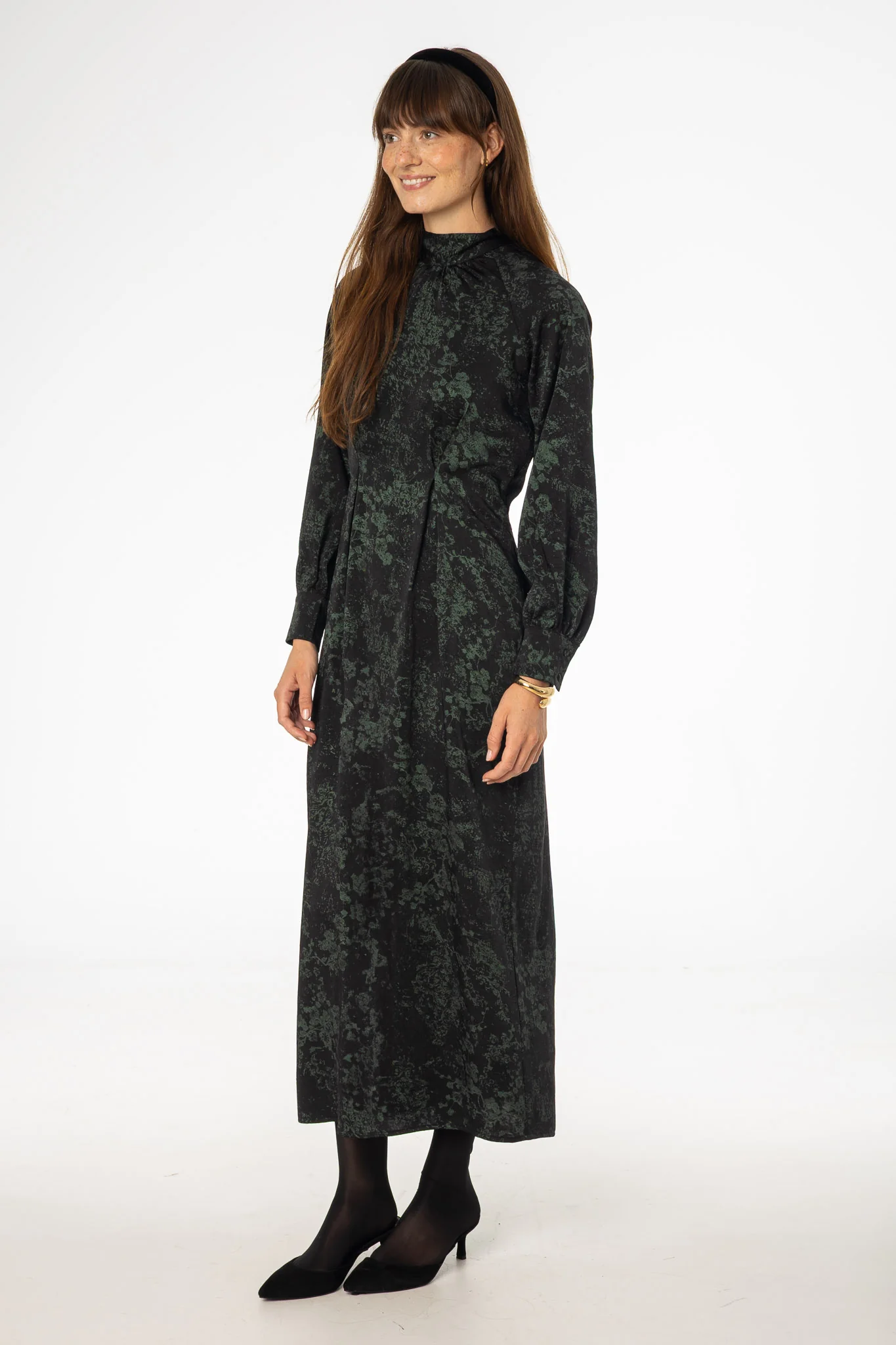Black & Green Printed Tie Neck Dress - KJDHW