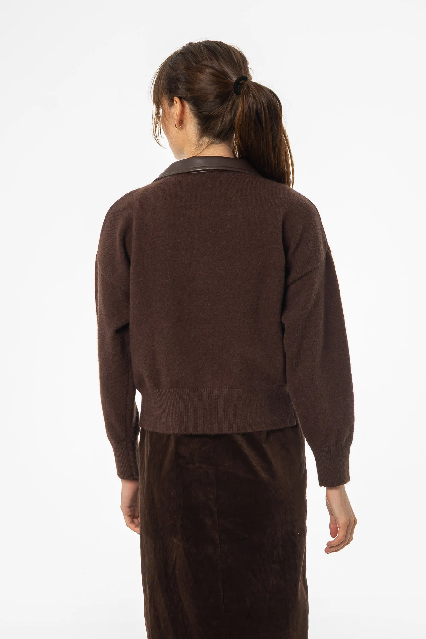 Brown Contrast Collar Zipper Sweater - KJDHW