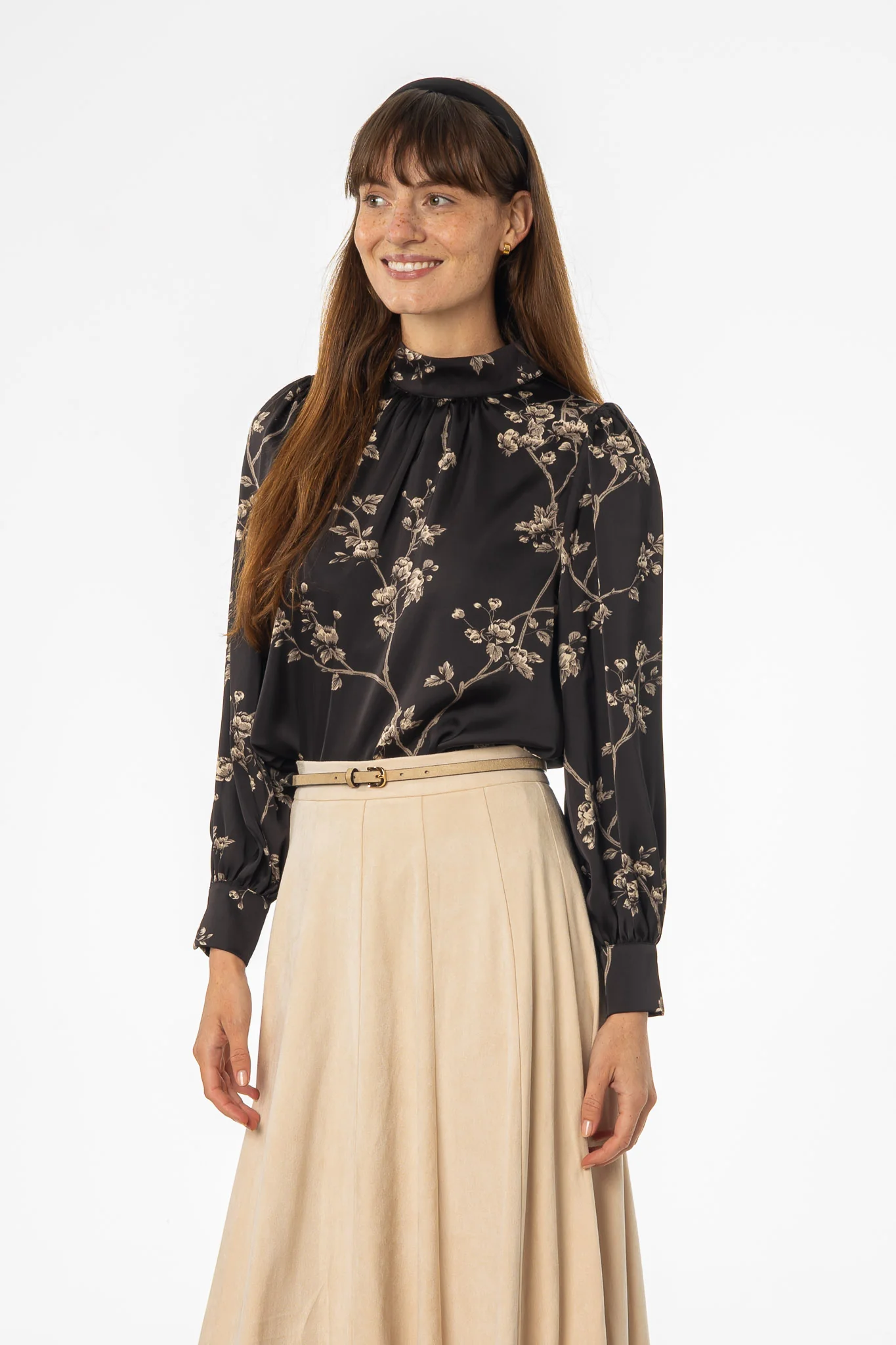 Black & Beige Mock Neck Blouse - KJDHW