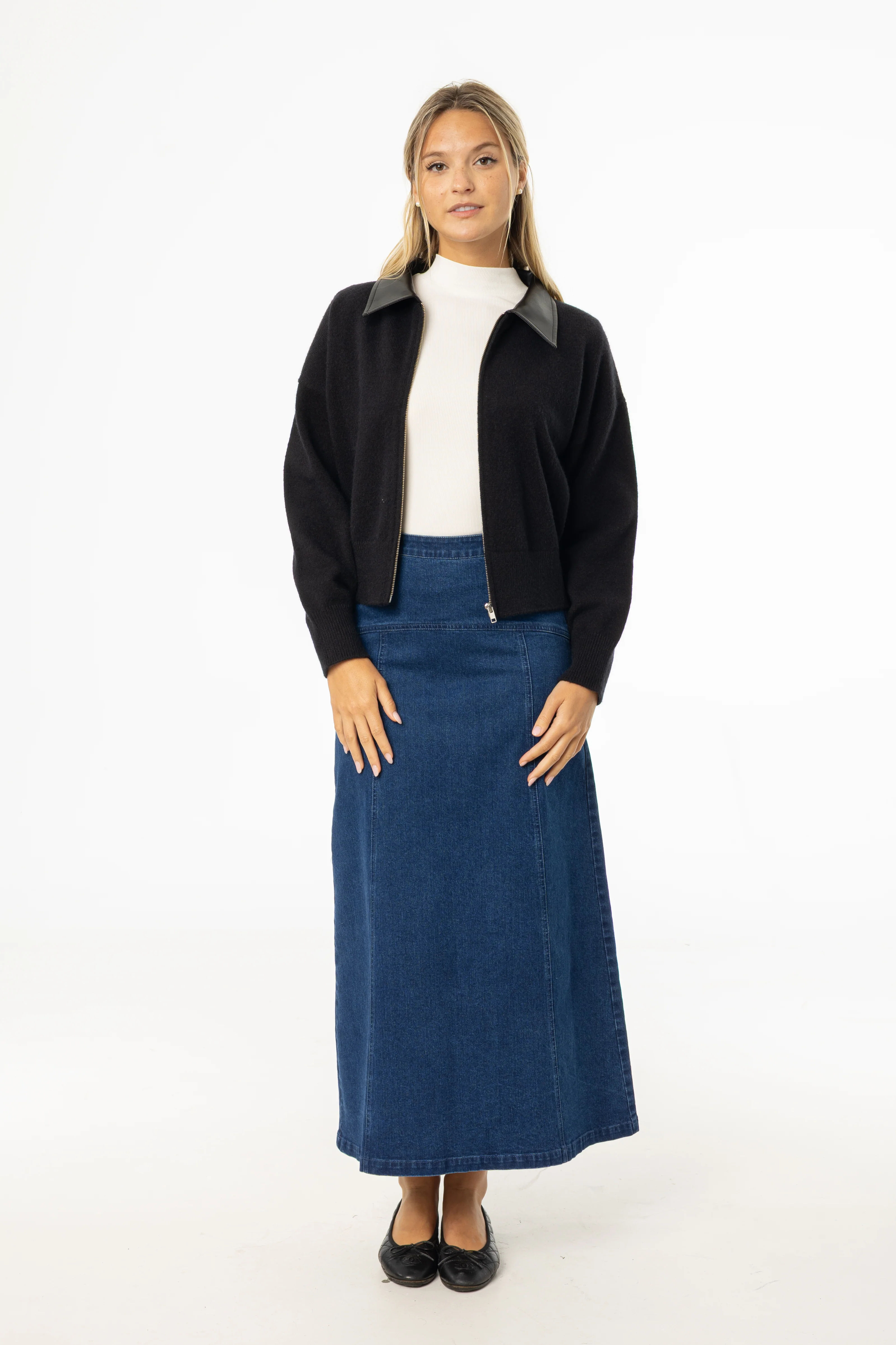 Dark Blue Yoke Seam Denim Skirt - KJDHW