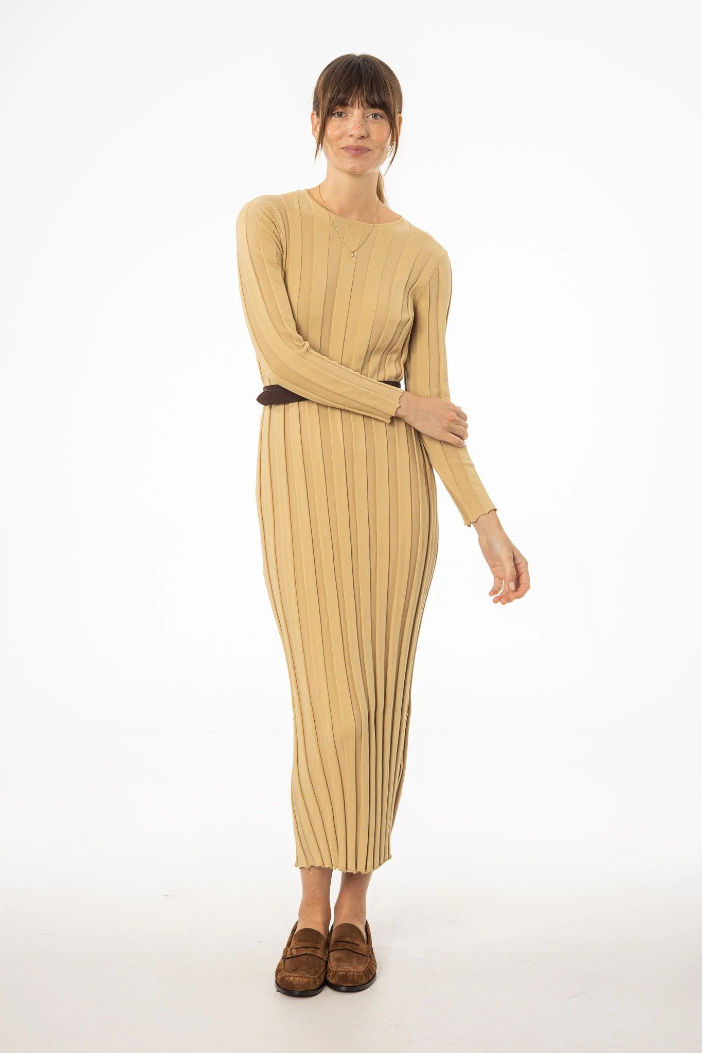 Tan Wide Ribbed Maxi Dress - KJDHW