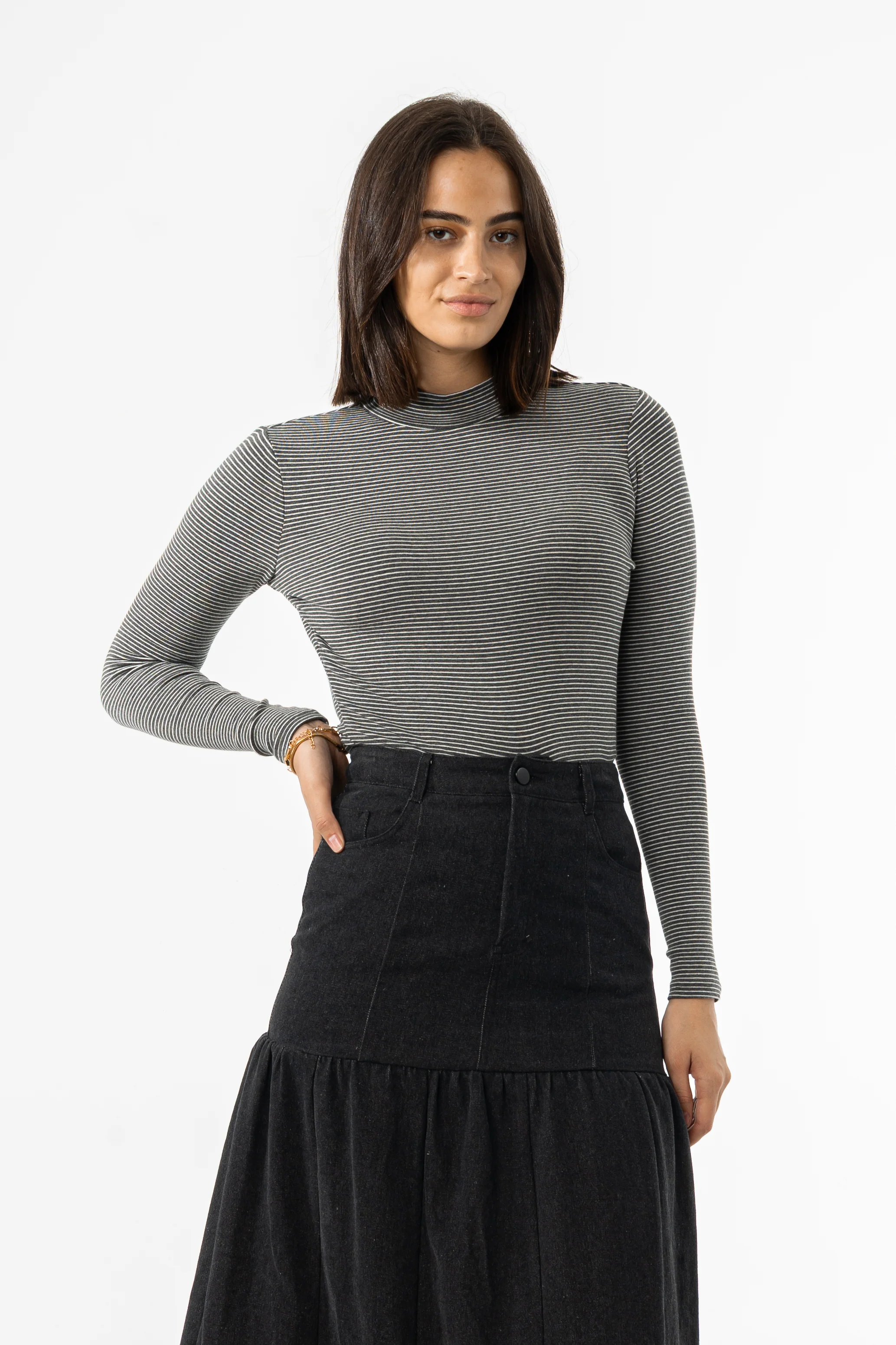 Grey Striped Mock Neck Top - KJDHW