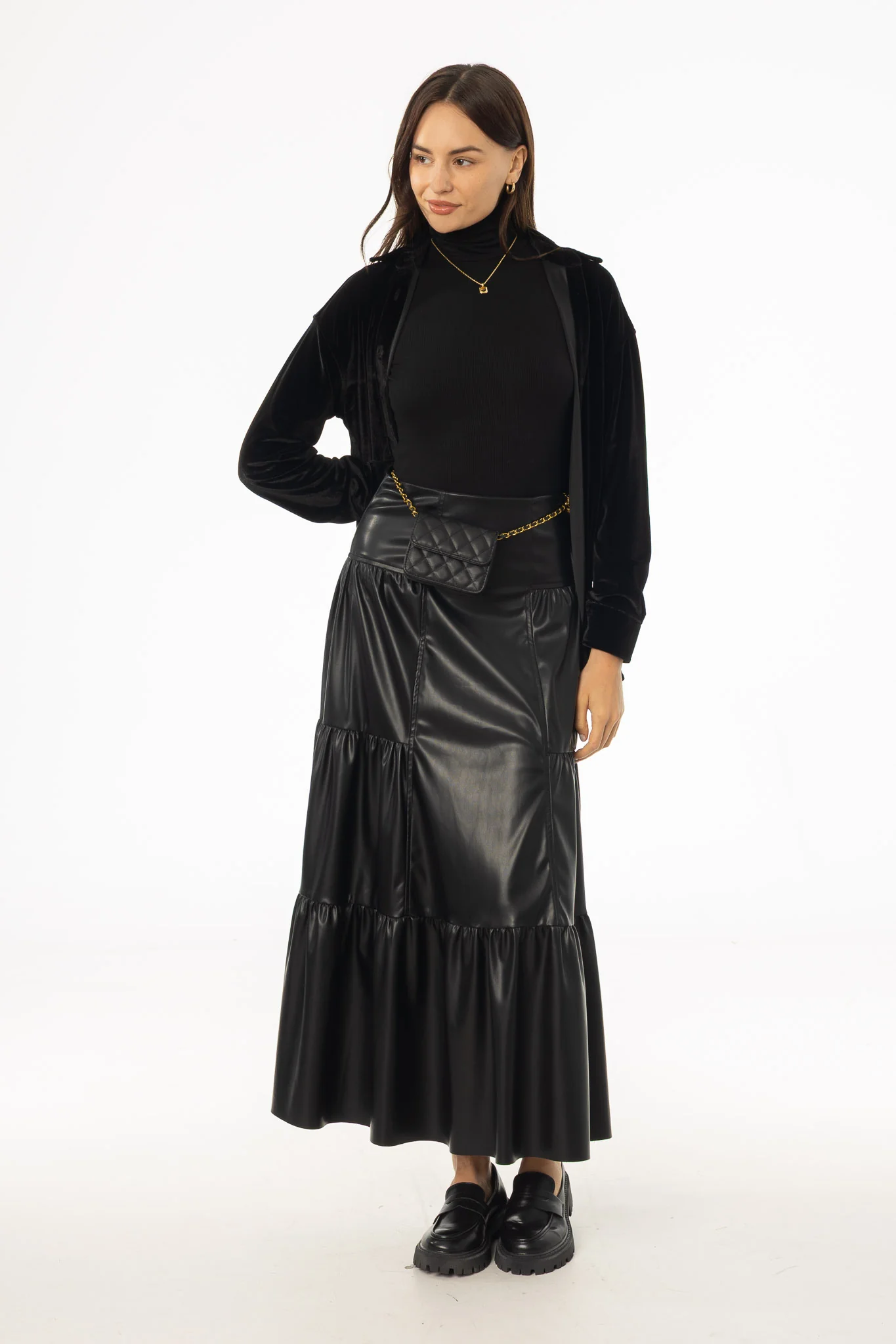 Black Layered Faux Leather Skirt - KJDHW