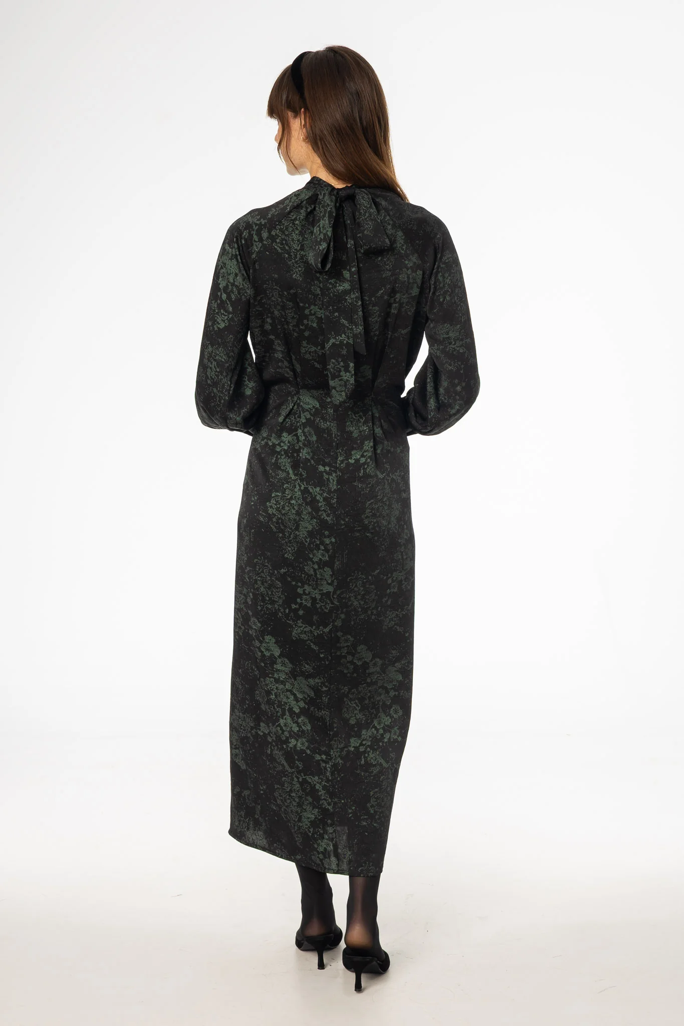 Black & Green Printed Tie Neck Dress - KJDHW
