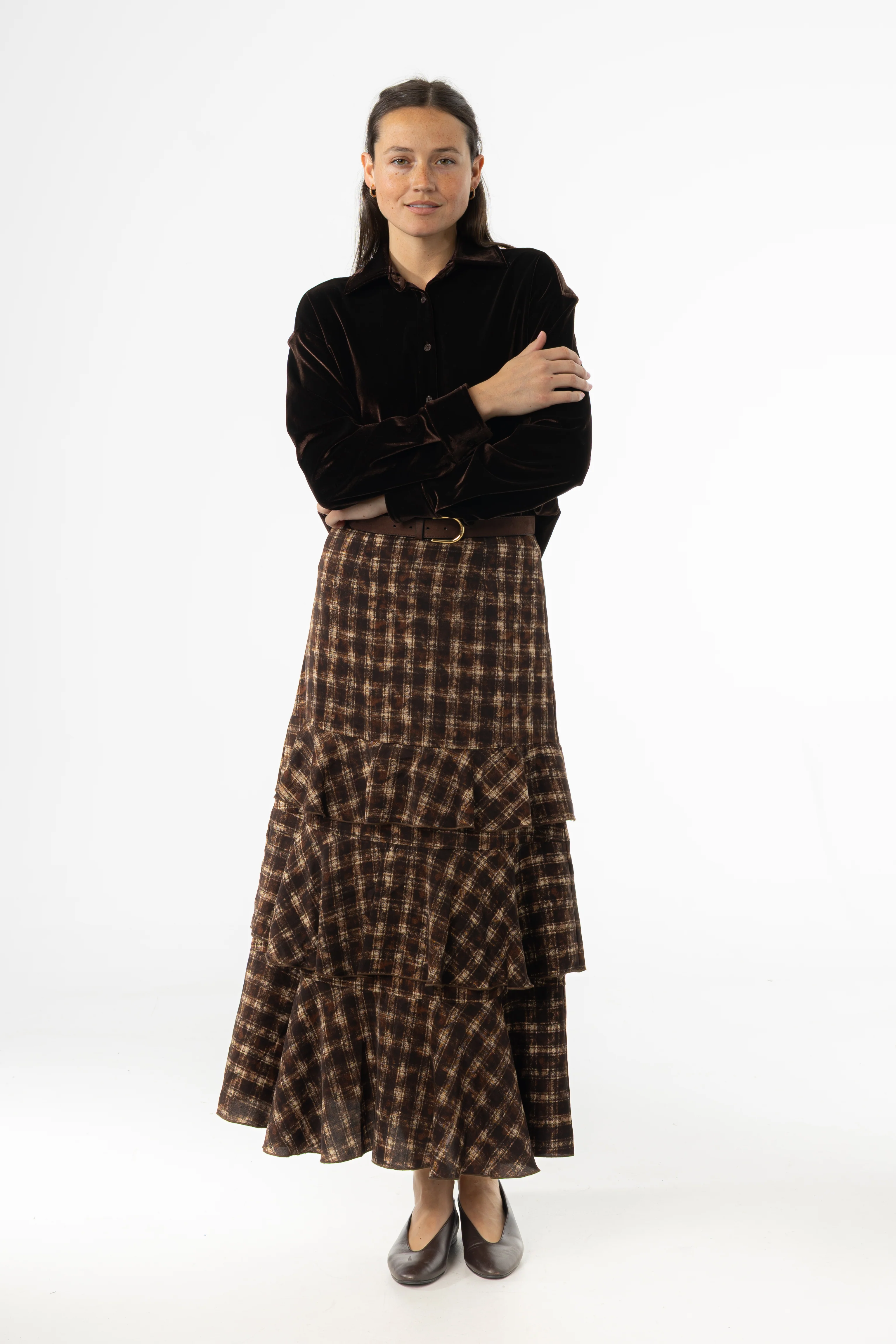 Brown Plaid Ruffle Skirt - KJDHW