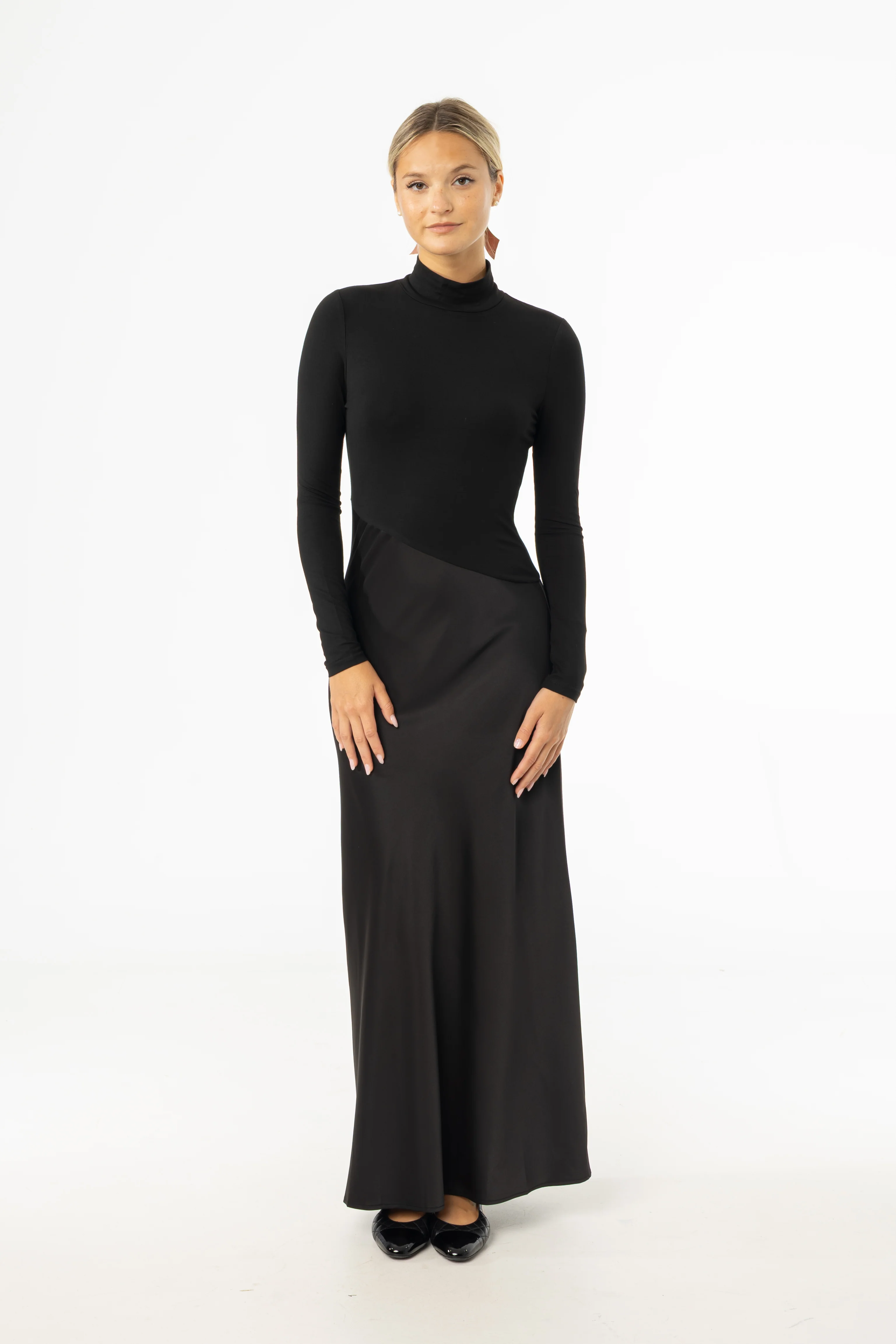 Black Combo Mock Neck Maxi Dress - KJDHW