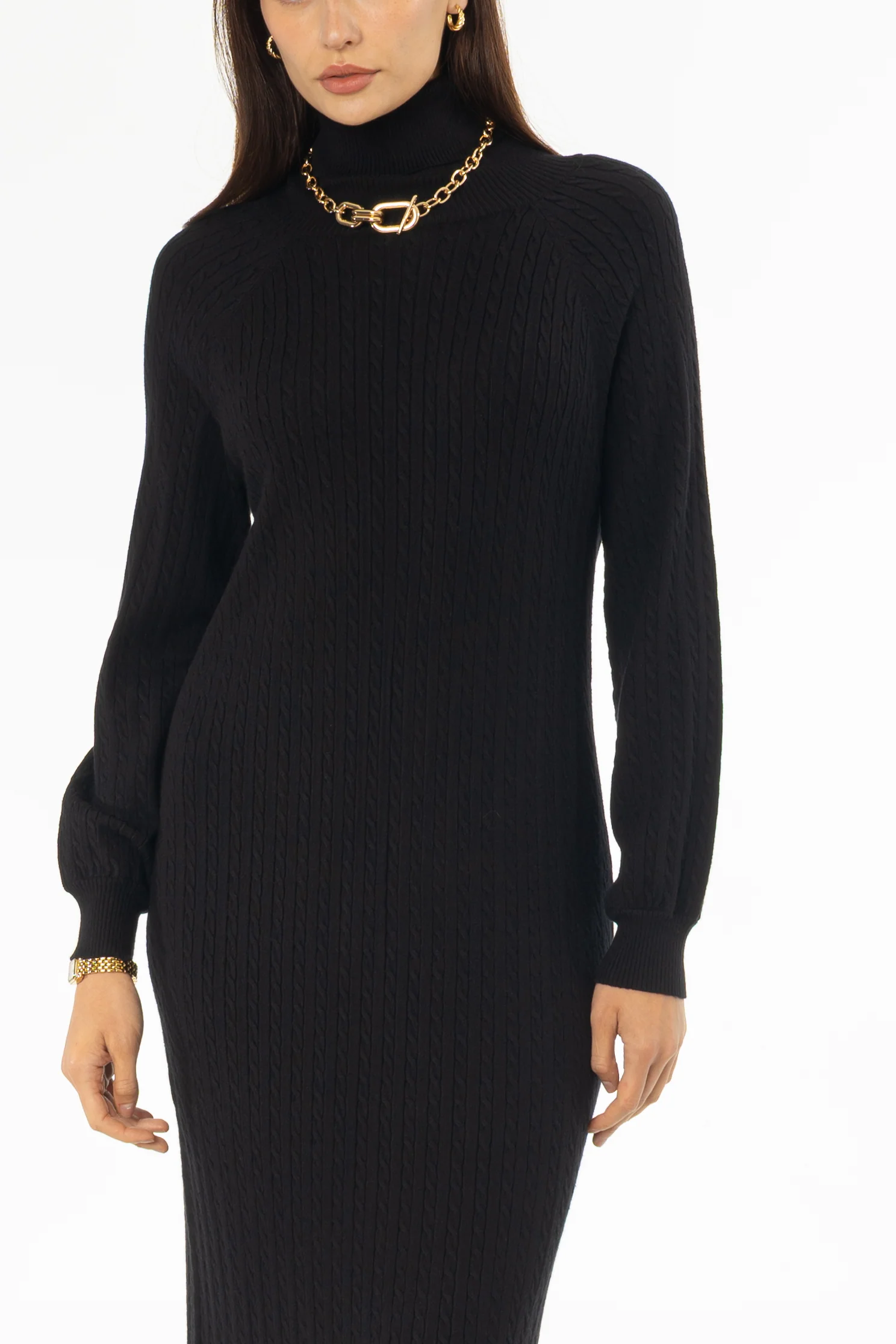 Black Turtleneck Cable Knit Maxi Dress - KJDHW