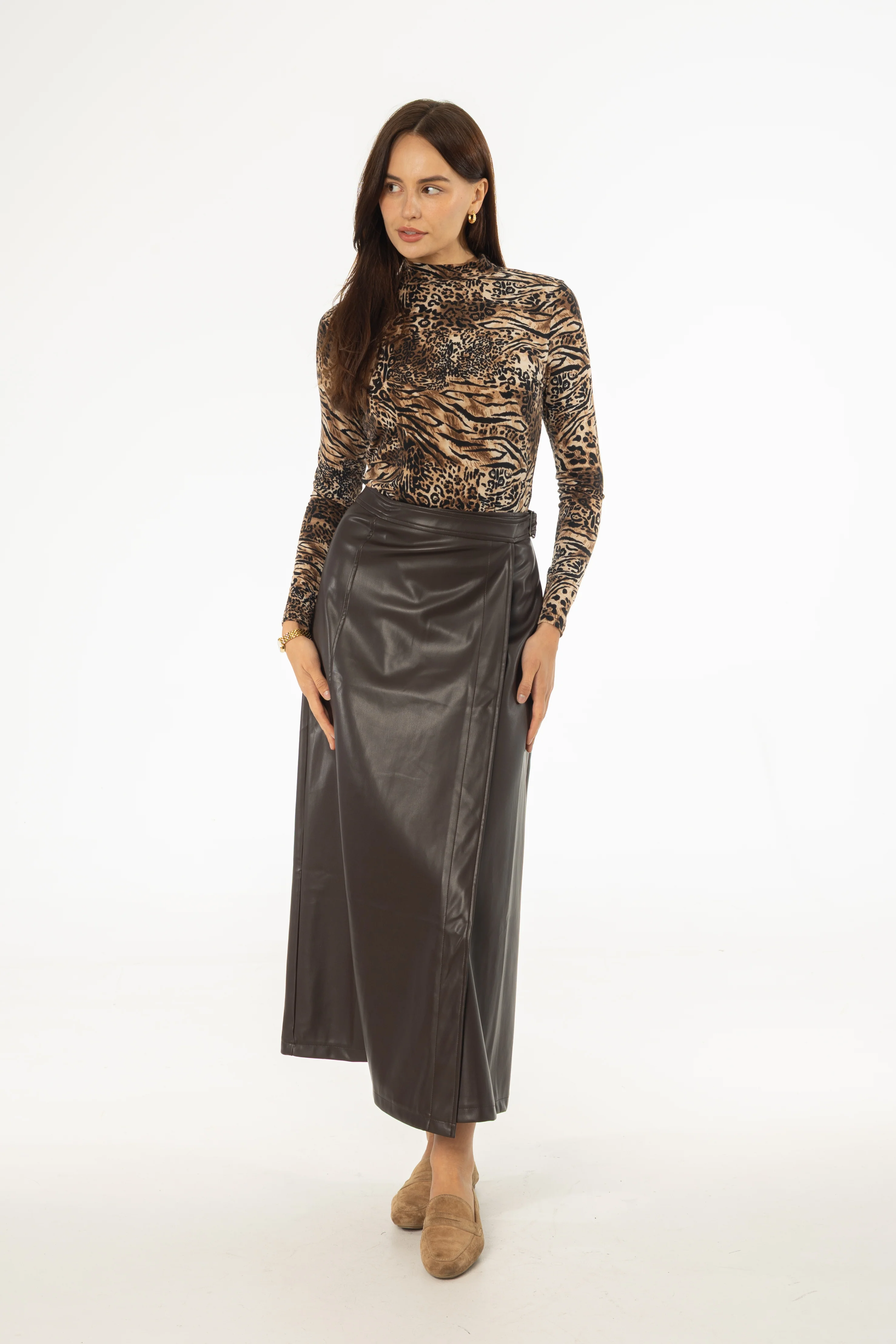 Brown Wrap Vegan Leather Maxi Skirt - KJDHW