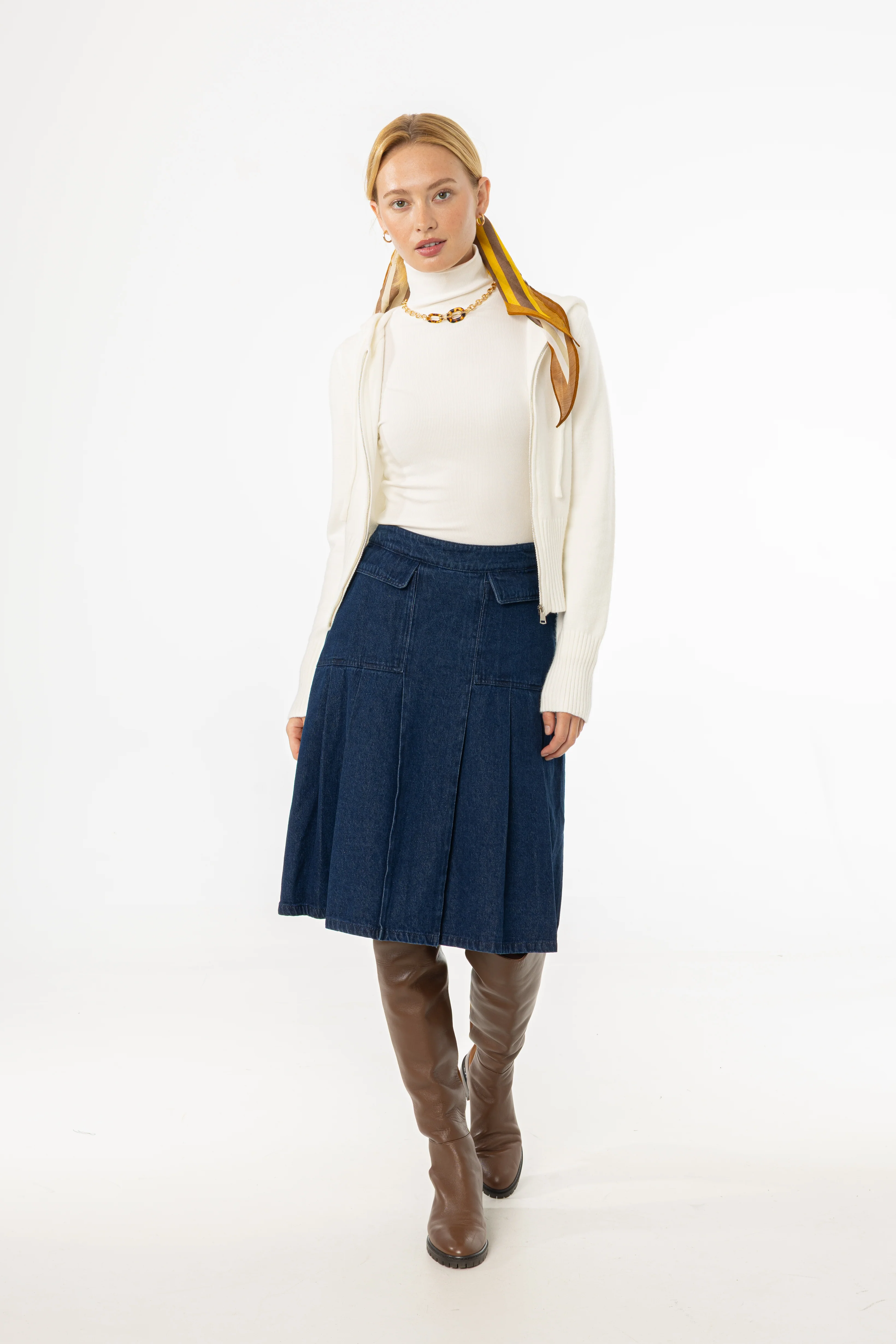 Blue Half Pleat Cargo Denim Skirt - KJDHW
