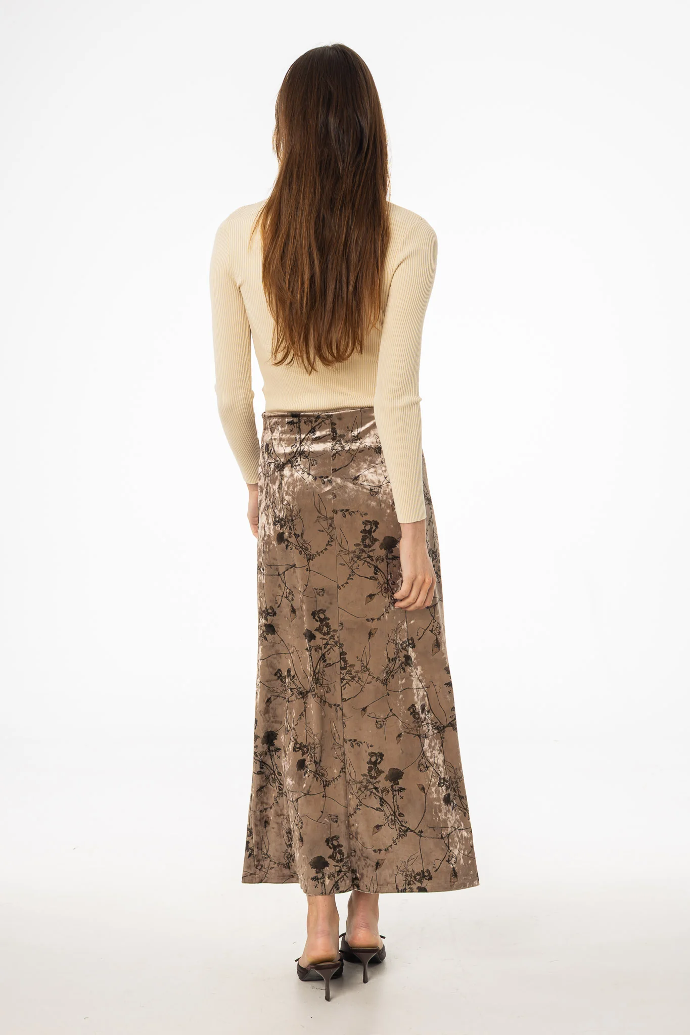 Brown Floral Crushed Velvet Skirt - KJDHW