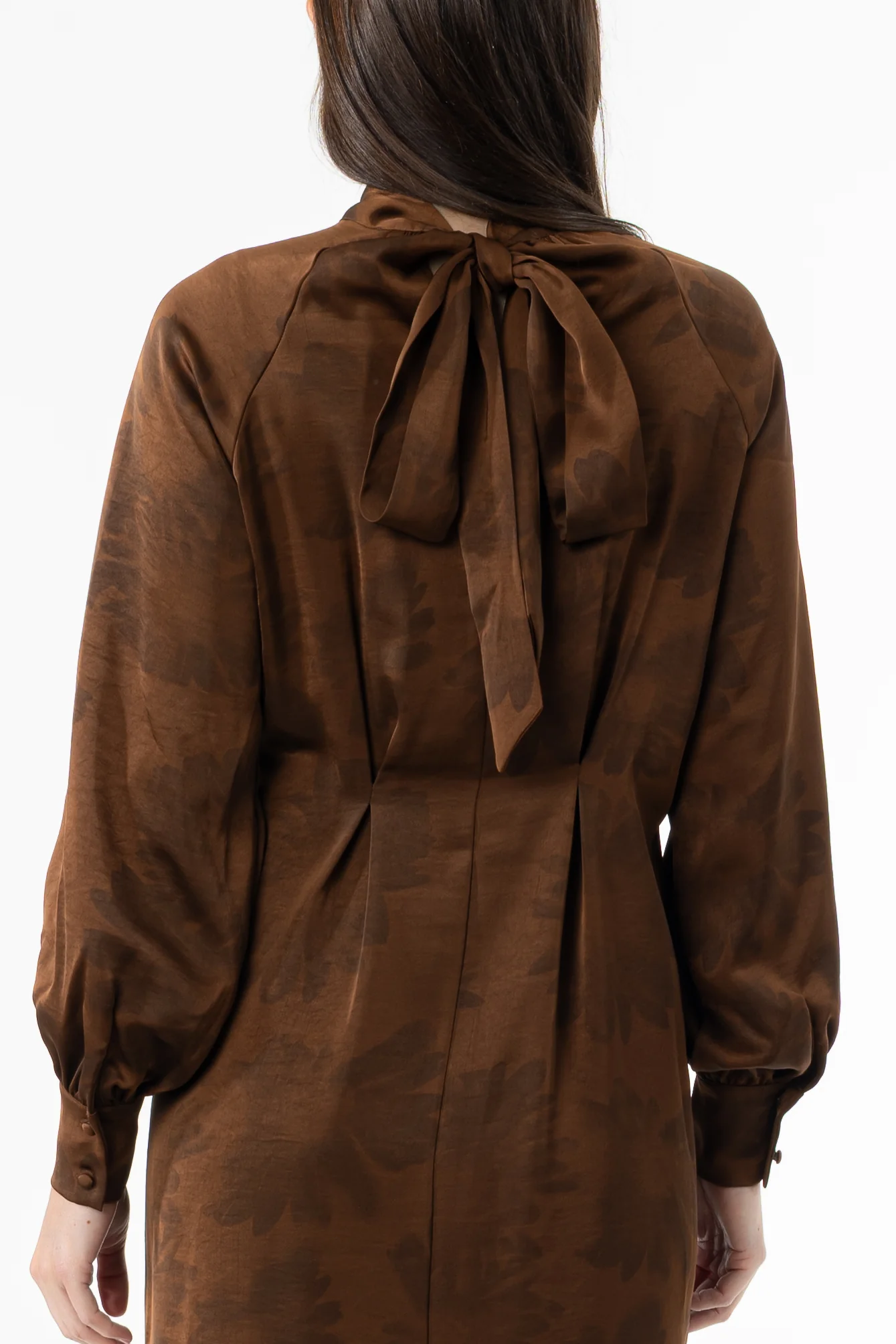 Brown Floral Printed Tie Neck Dress - KJDHW