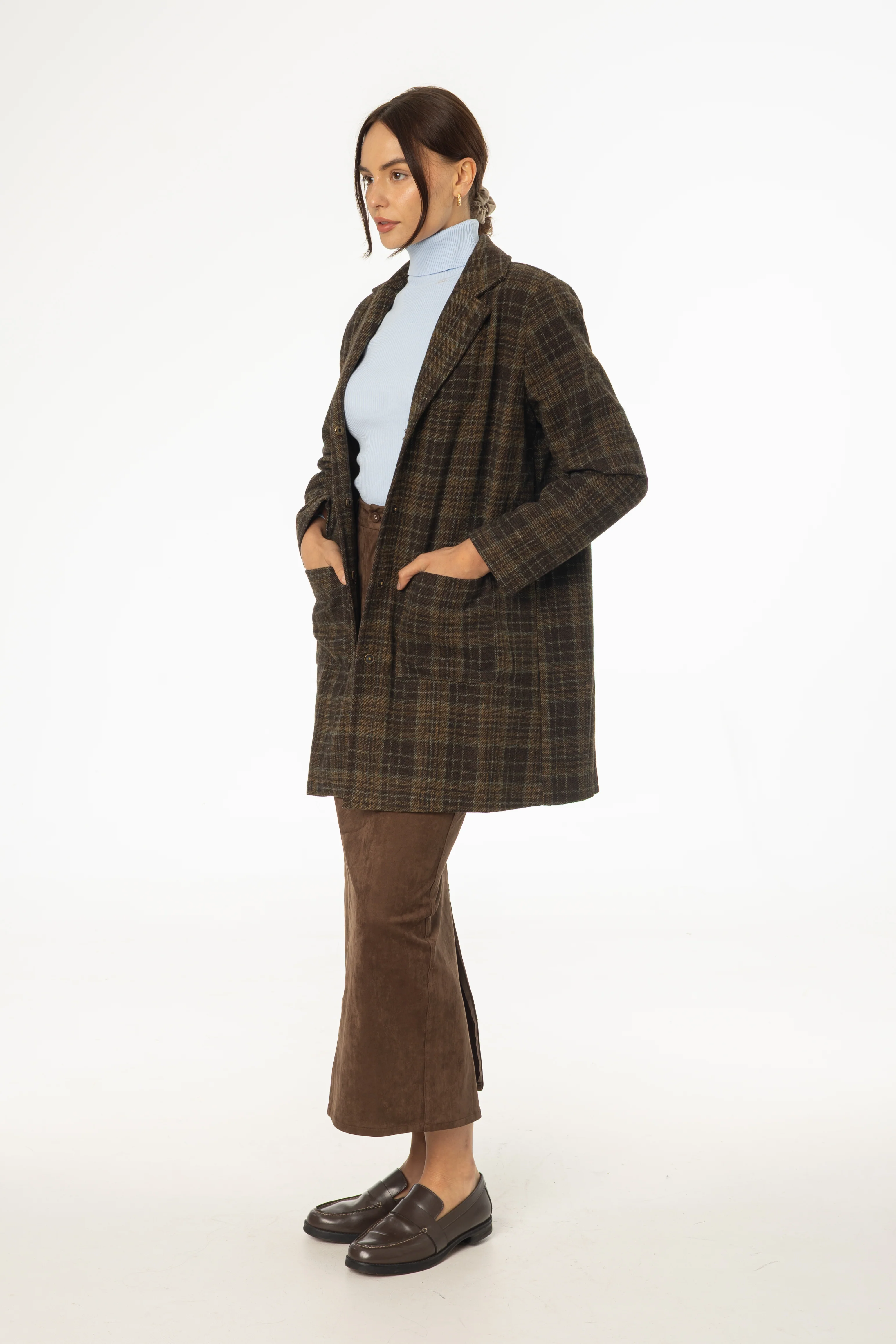Brown Plaid Wool Coat - KJDHW