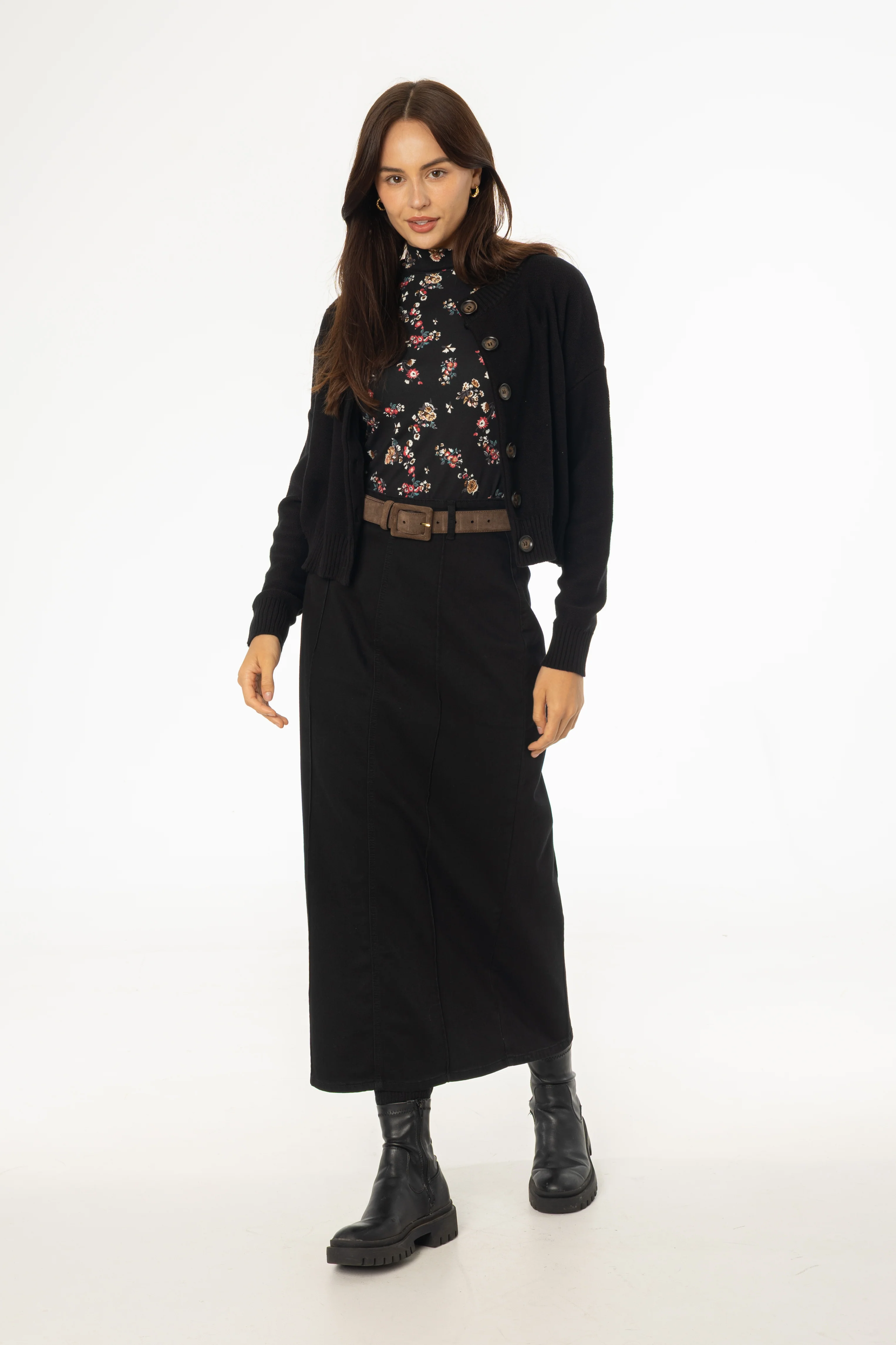 Black Straight Denim Maxi Skirt - KJDHW