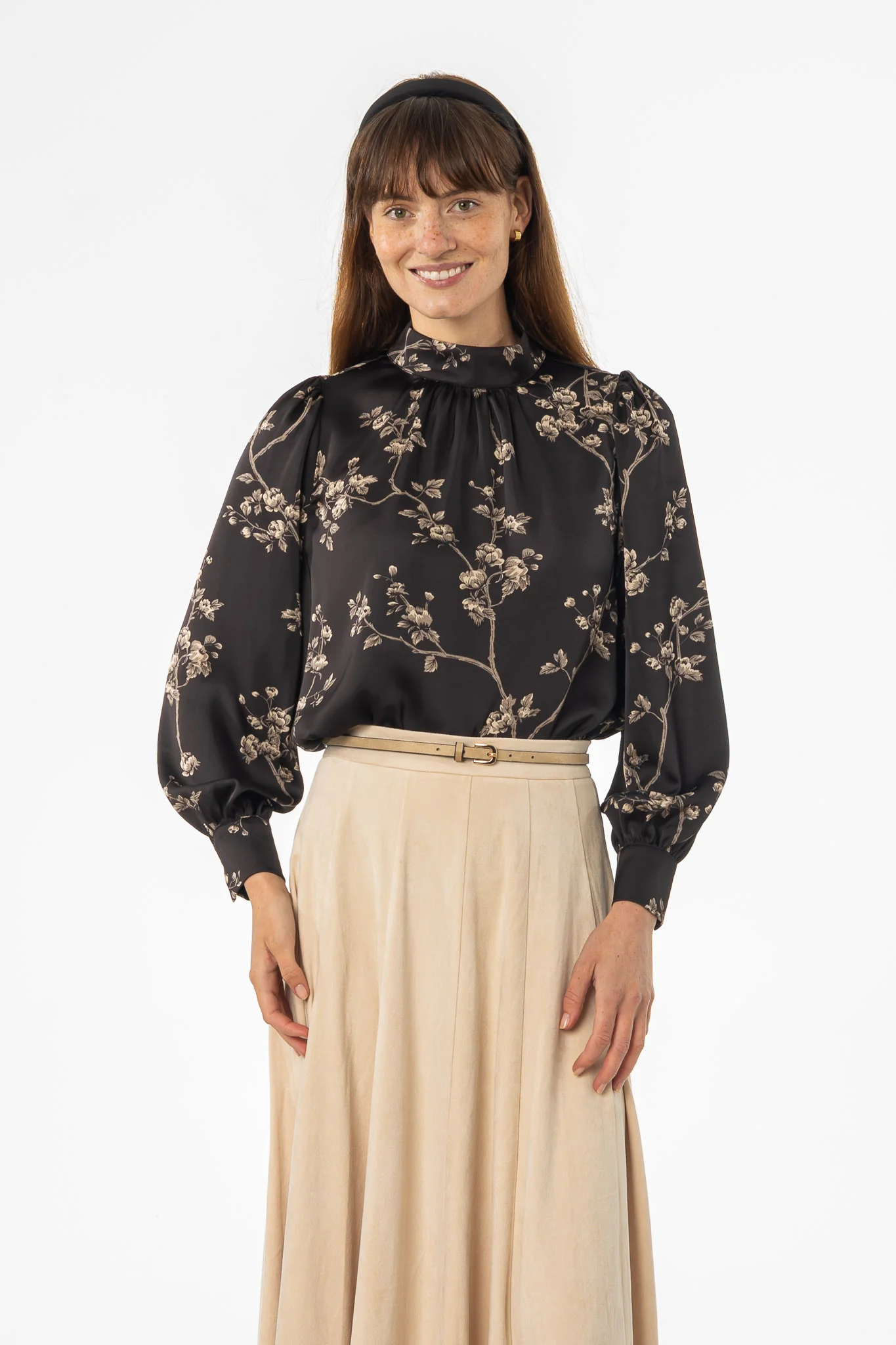 Black & Beige Mock Neck Blouse - KJDHW